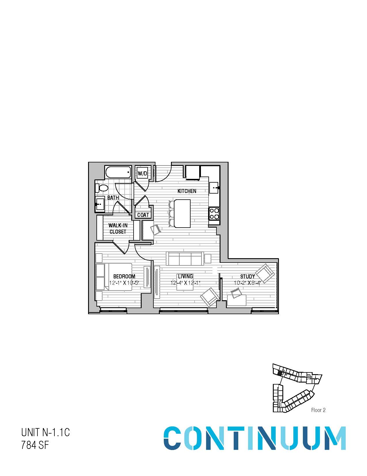 Floor plan for 1 bed, 1 bath, 877 sqft