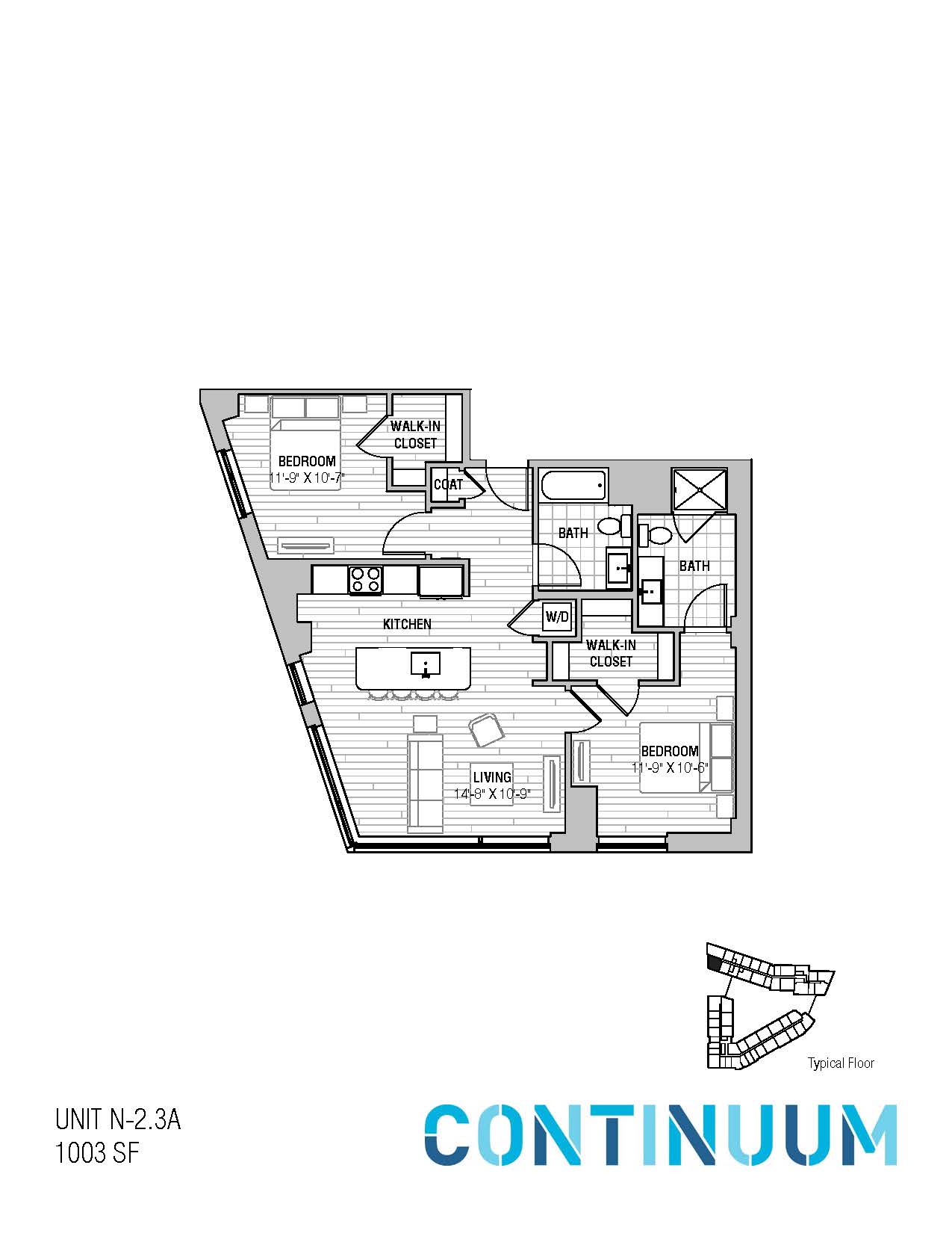 Floor plan for 2 beds, 2 baths, 1003 sqft