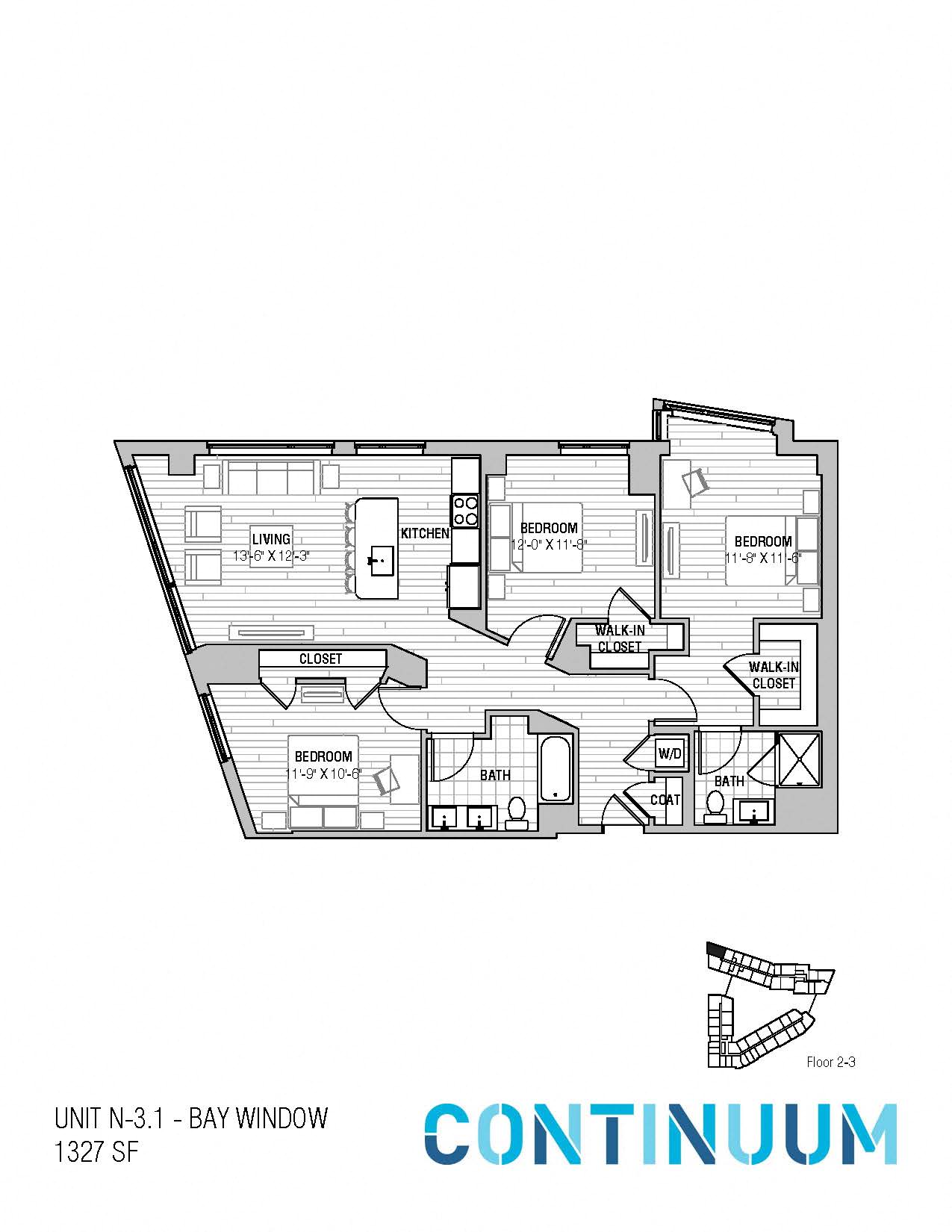 Floor plan for 3 beds, 2 baths, 1327 sqft