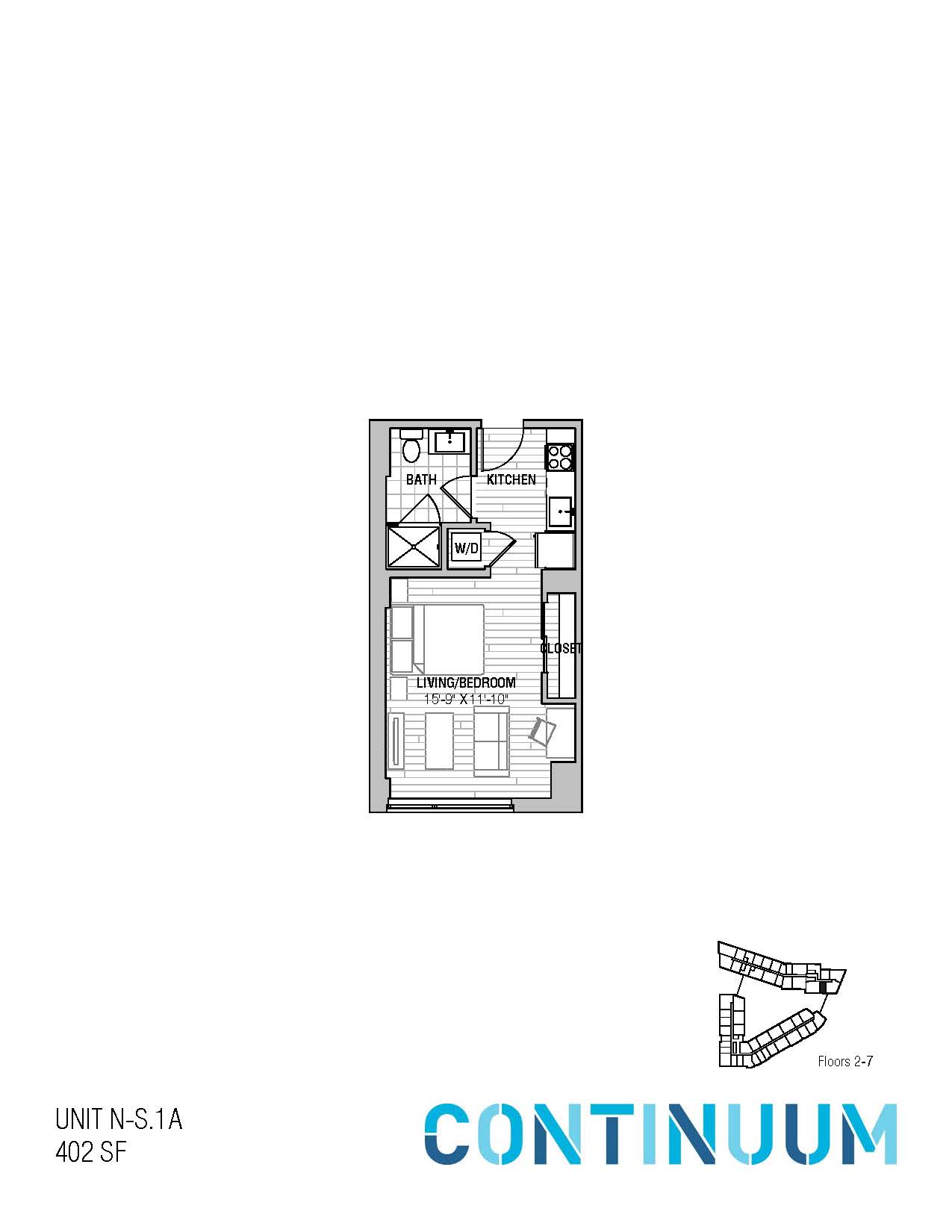 Floor plan for studio, 1 bath, 402 sqft