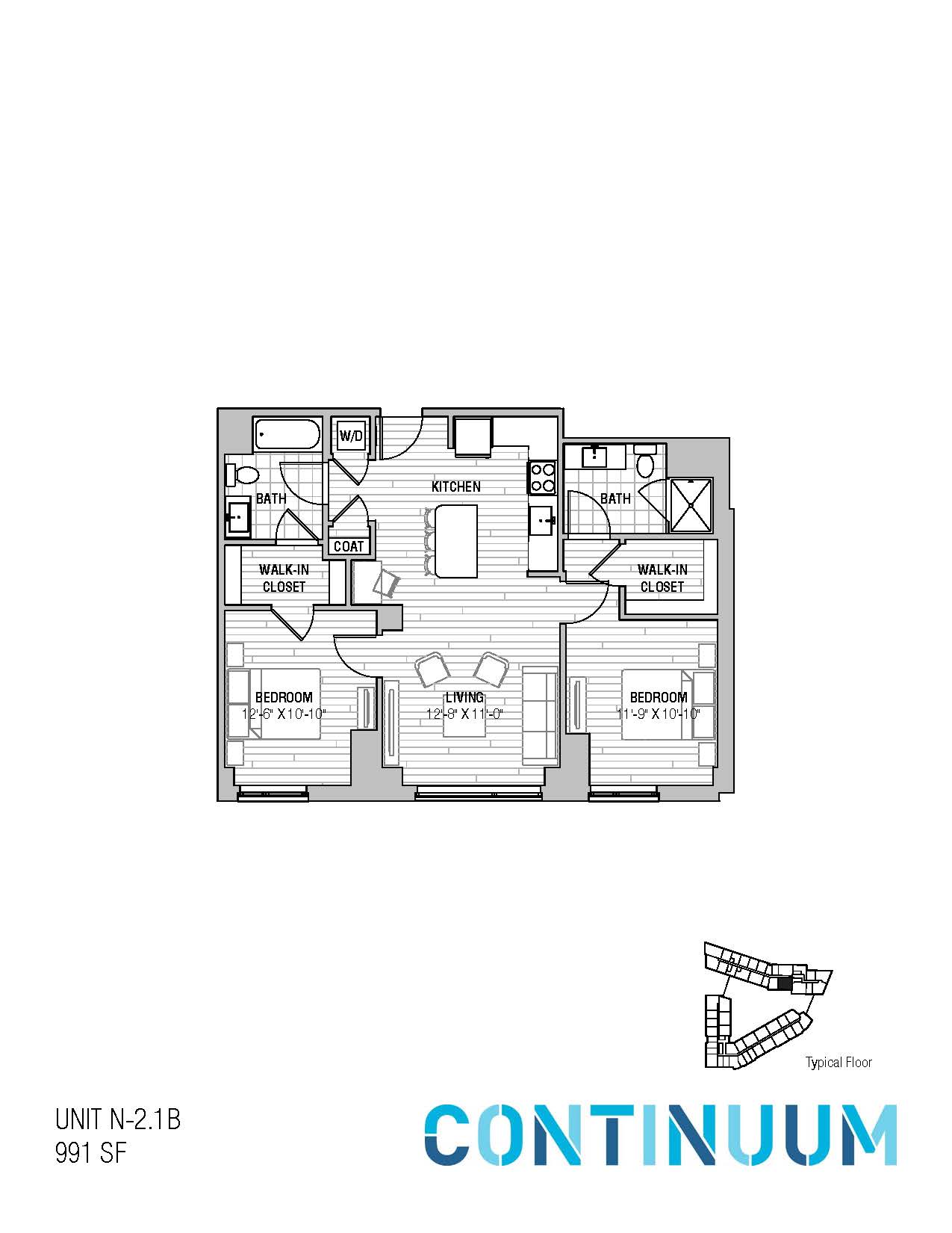 Floor plan for 2 beds, 2 baths, 991 sqft