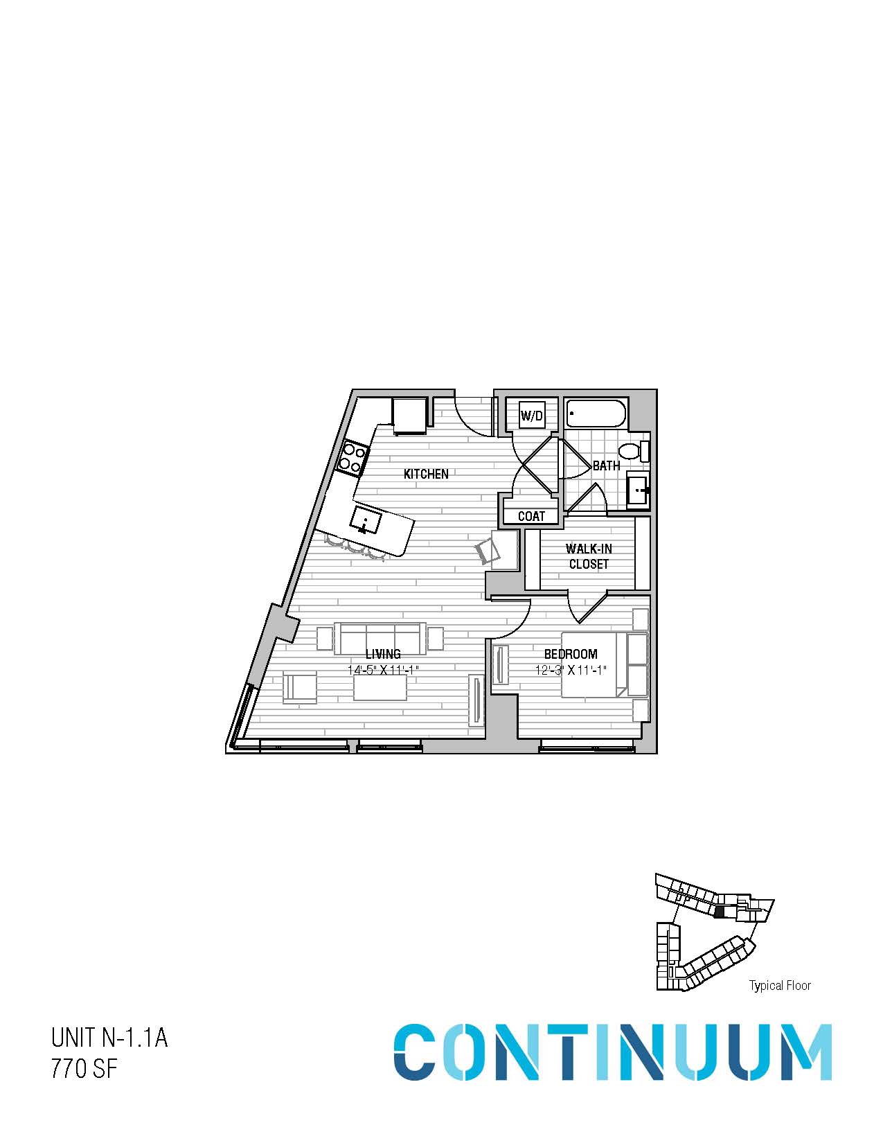 Floor plan for 1 bed, 1 bath, 770 sqft