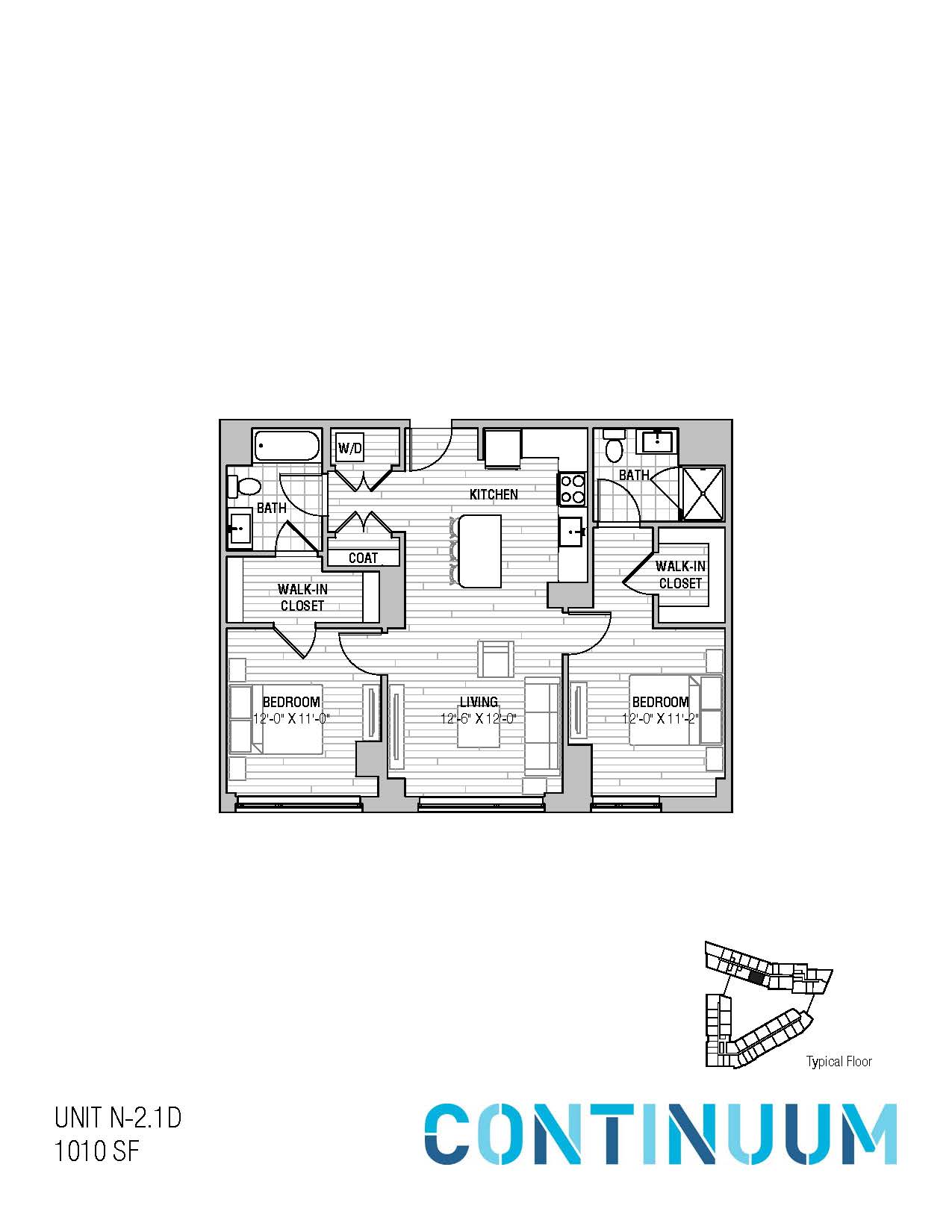 Floor plan for 2 beds, 2 baths, 1010 sqft