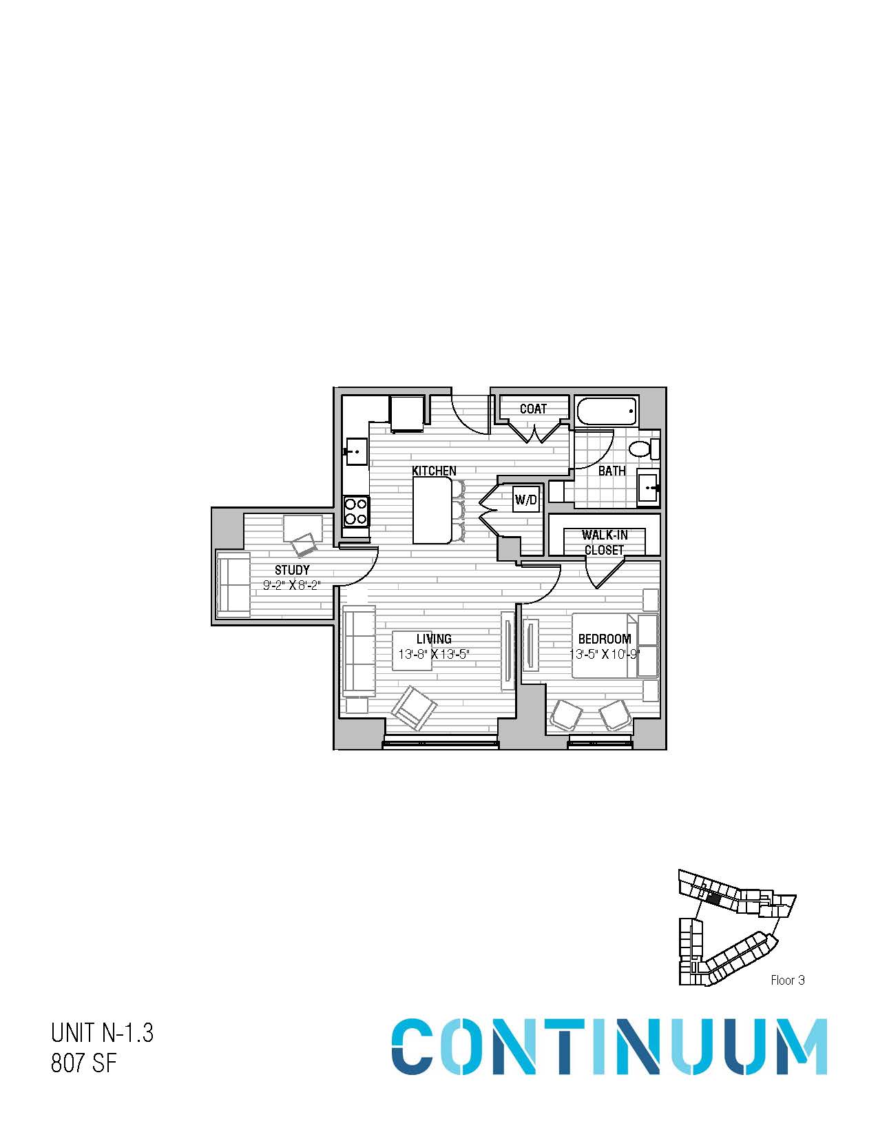 Floor plan for 1 bed, 1 bath, 807 sqft