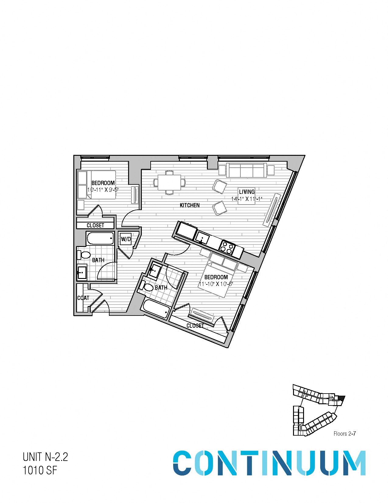 Floor plan for 2 beds, 2 baths, 1010 sqft