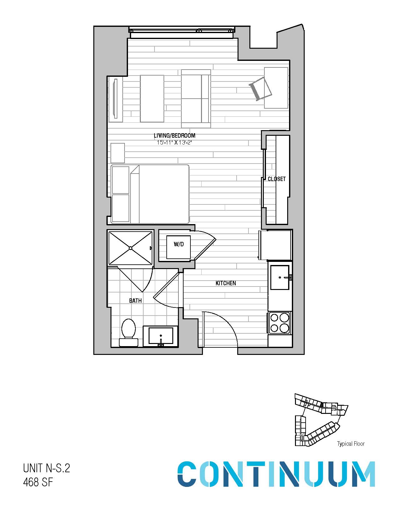Floor plan for studio, 1 bath, 468 sqft