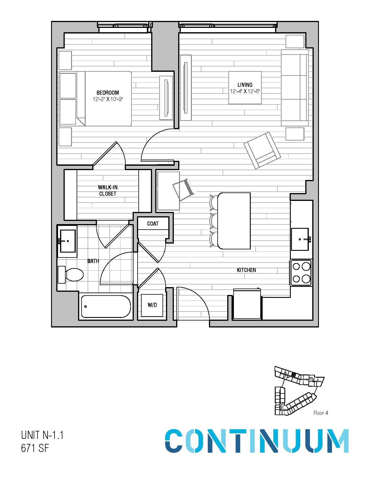 Floor plan for 1 bed, 1 bath, 671 sqft