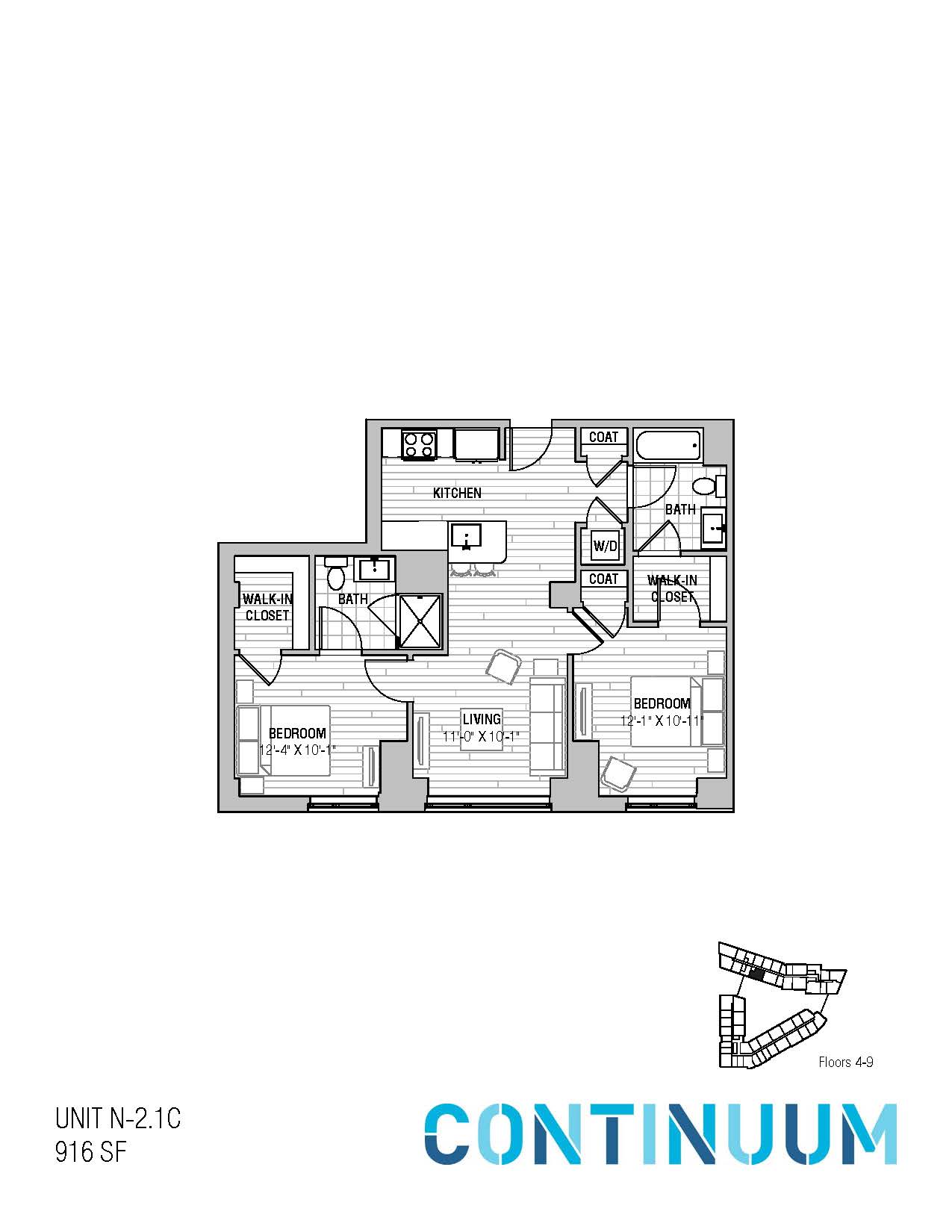 Floor plan for 2 beds, 2 baths, 916 sqft