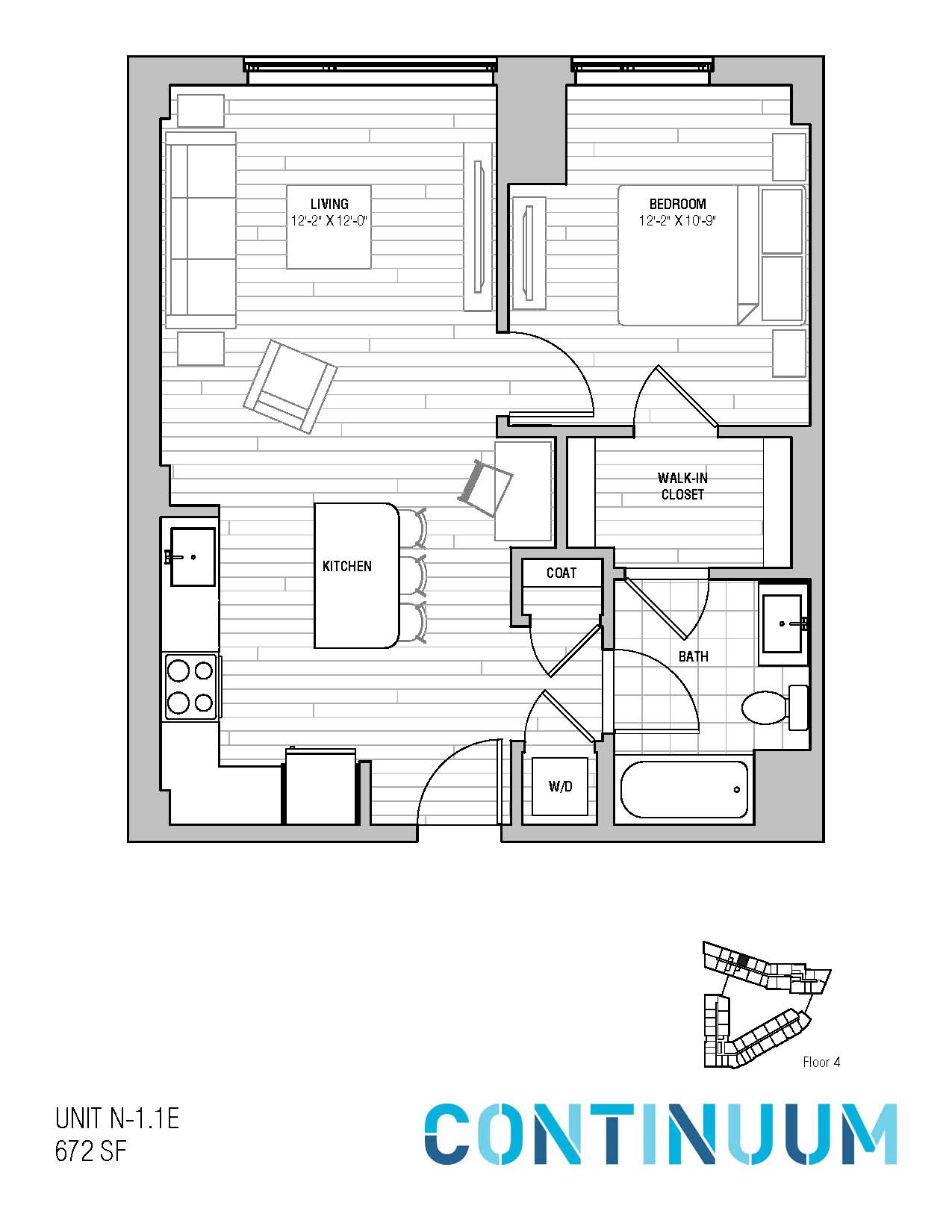 Floor plan for 1 bed, 1 bath