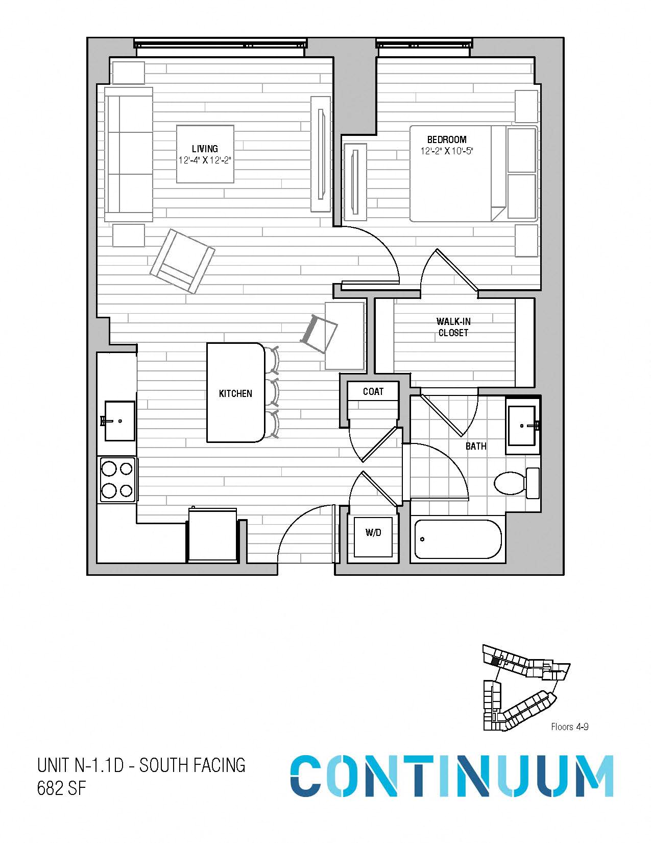 Floor plan for 1 bed, 1 bath, 672 sqft