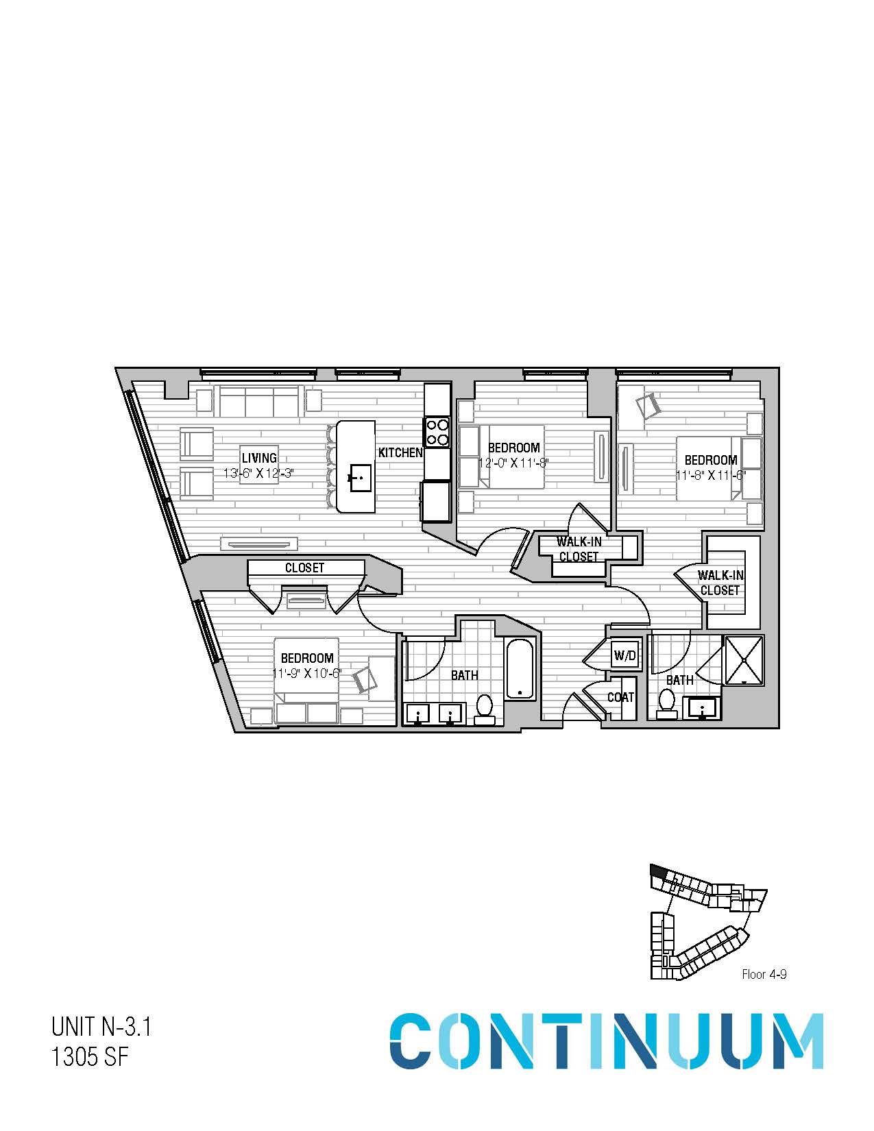 Floor plan for 3 beds, 2 baths, 1305 sqft
