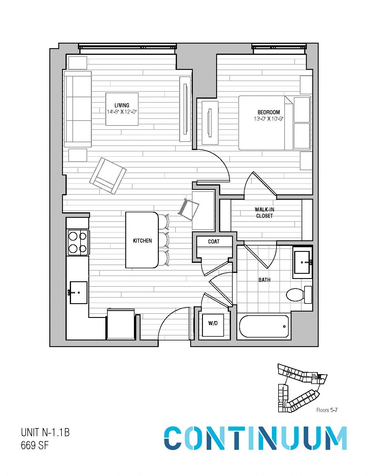Floor plan for 1 bed, 1 bath, 669 sqft