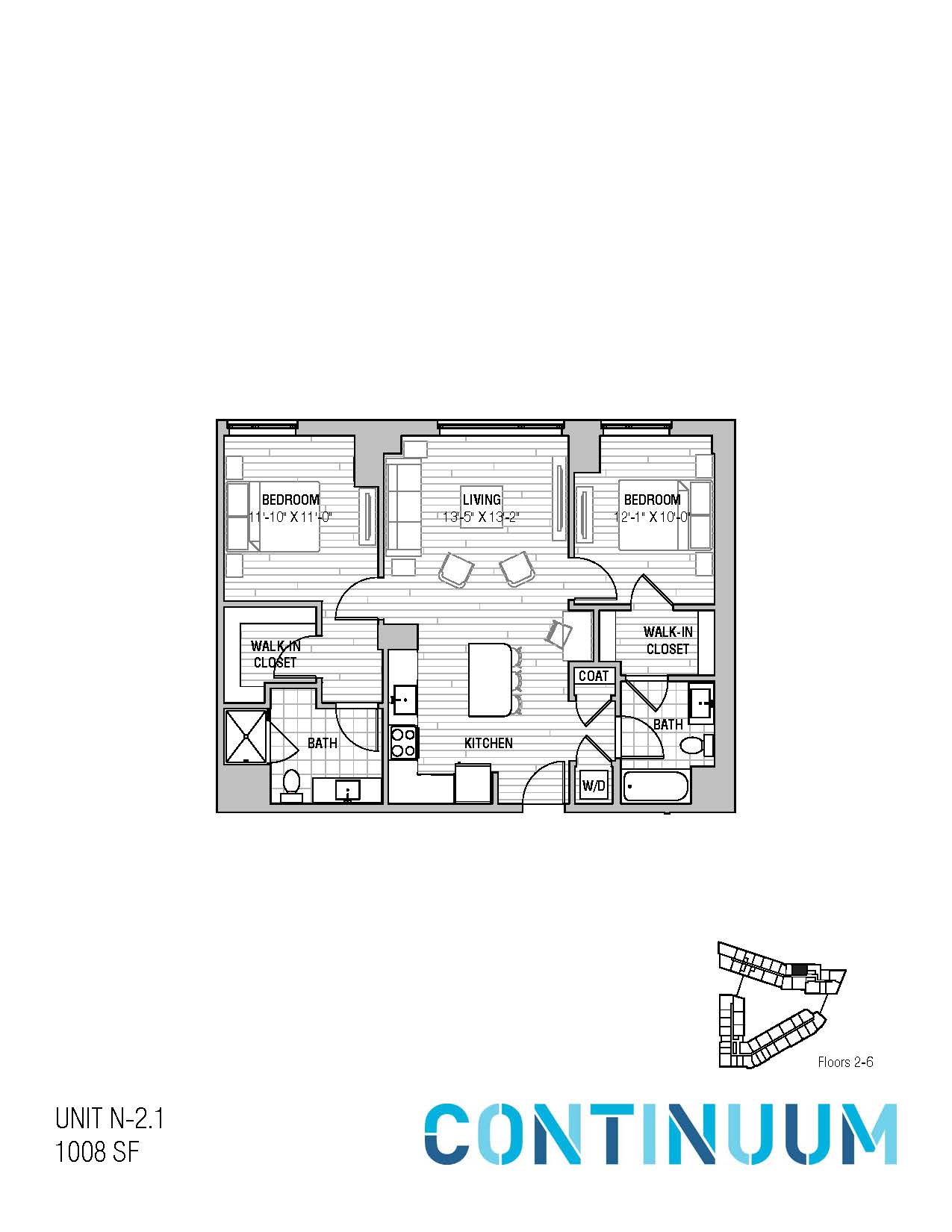 Floor plan for 1 bed, 1 bath, 1008 sqft