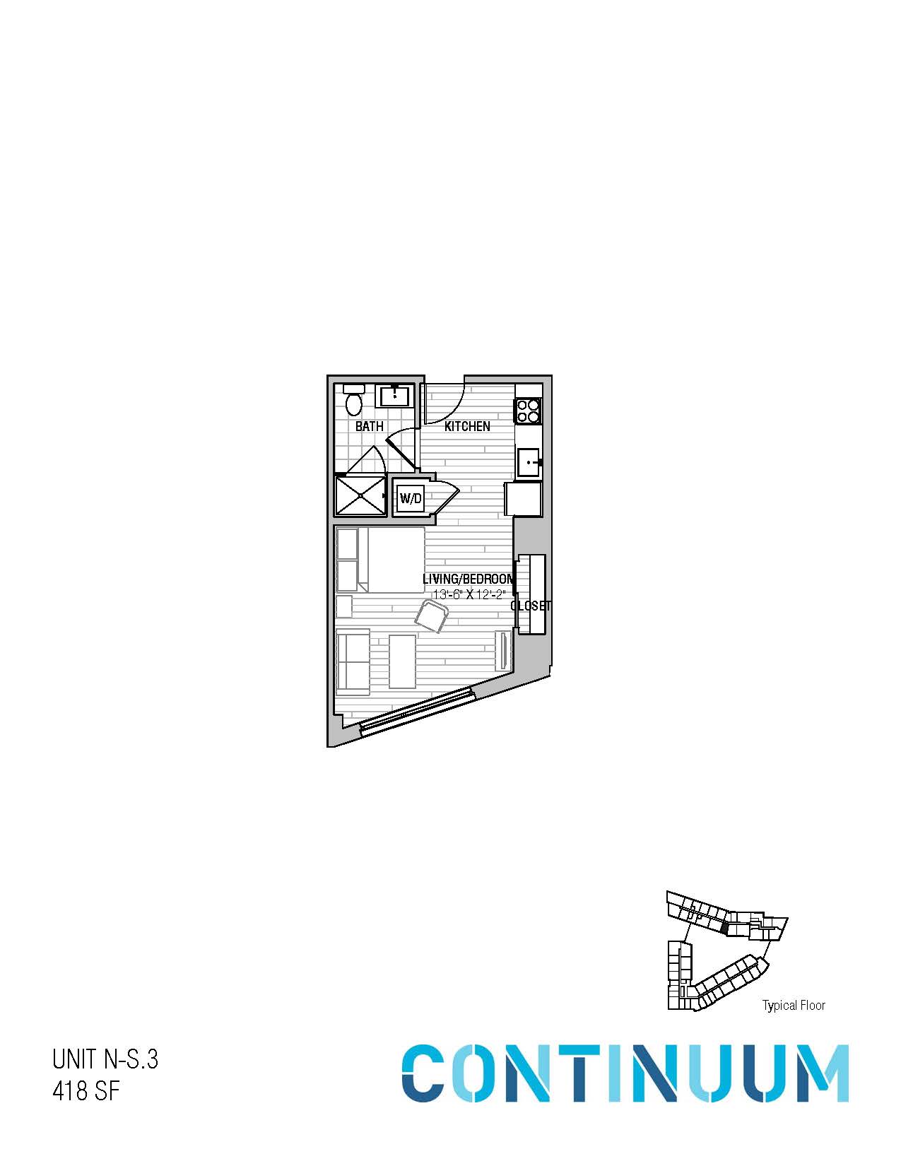 Floor plan for studio, 1 bath, 418 sqft