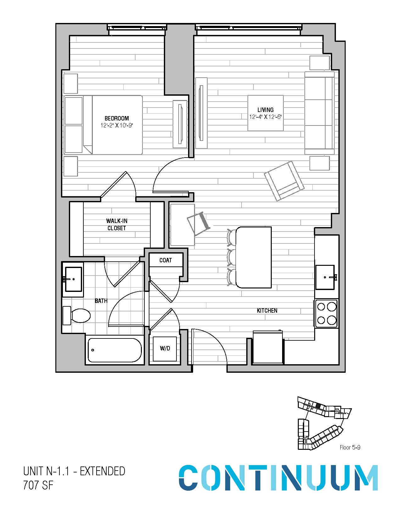 Floor plan for 1 bed, 1 bath, 707 sqft
