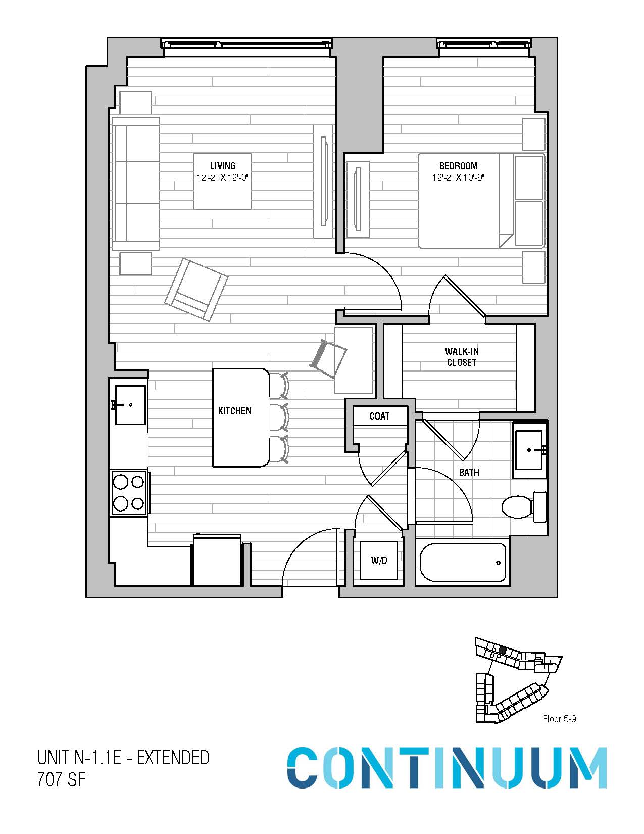 Floor plan for 1 bed, 1 bath, 707 sqft