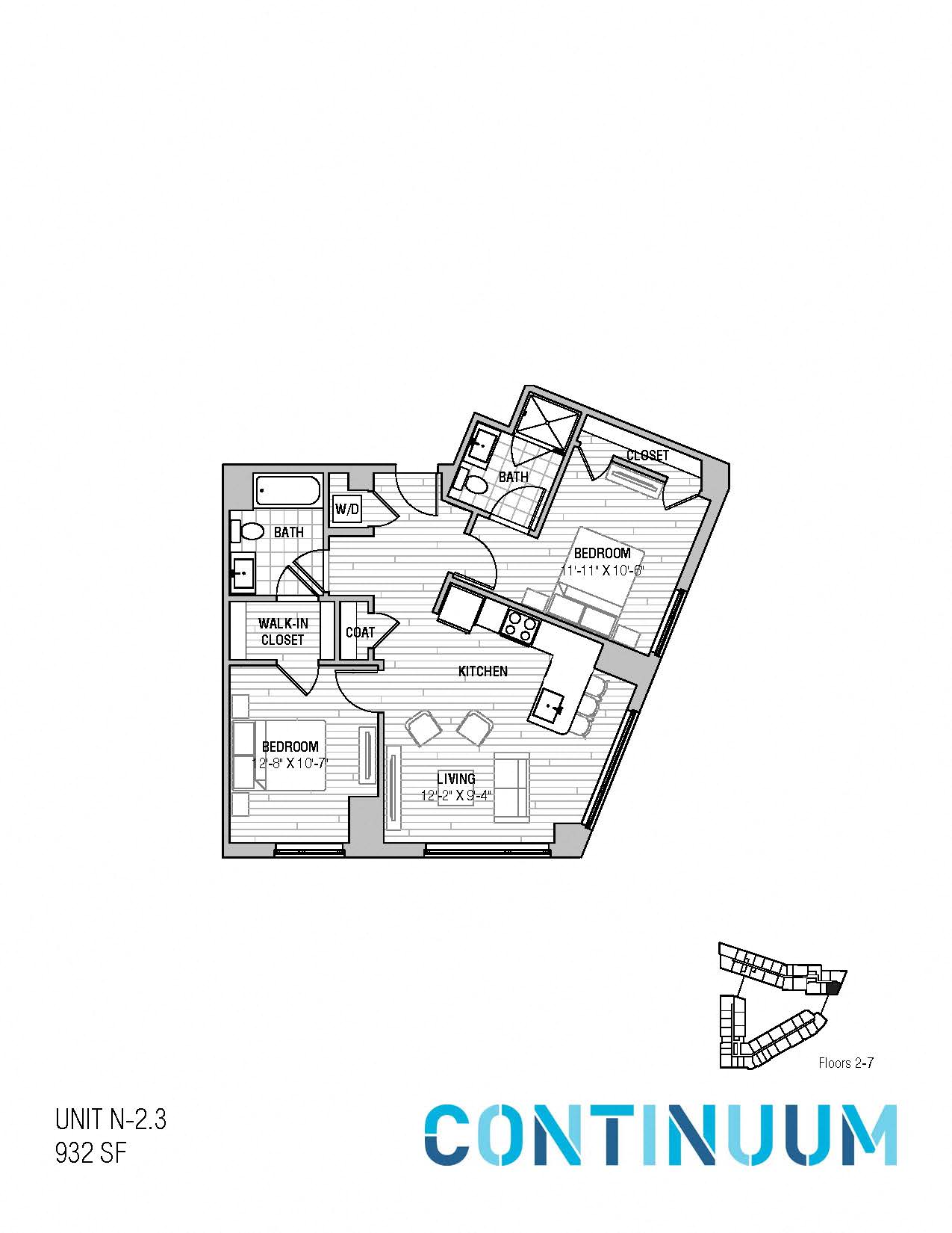 Floor plan for 2 beds, 2 baths, 932 sqft