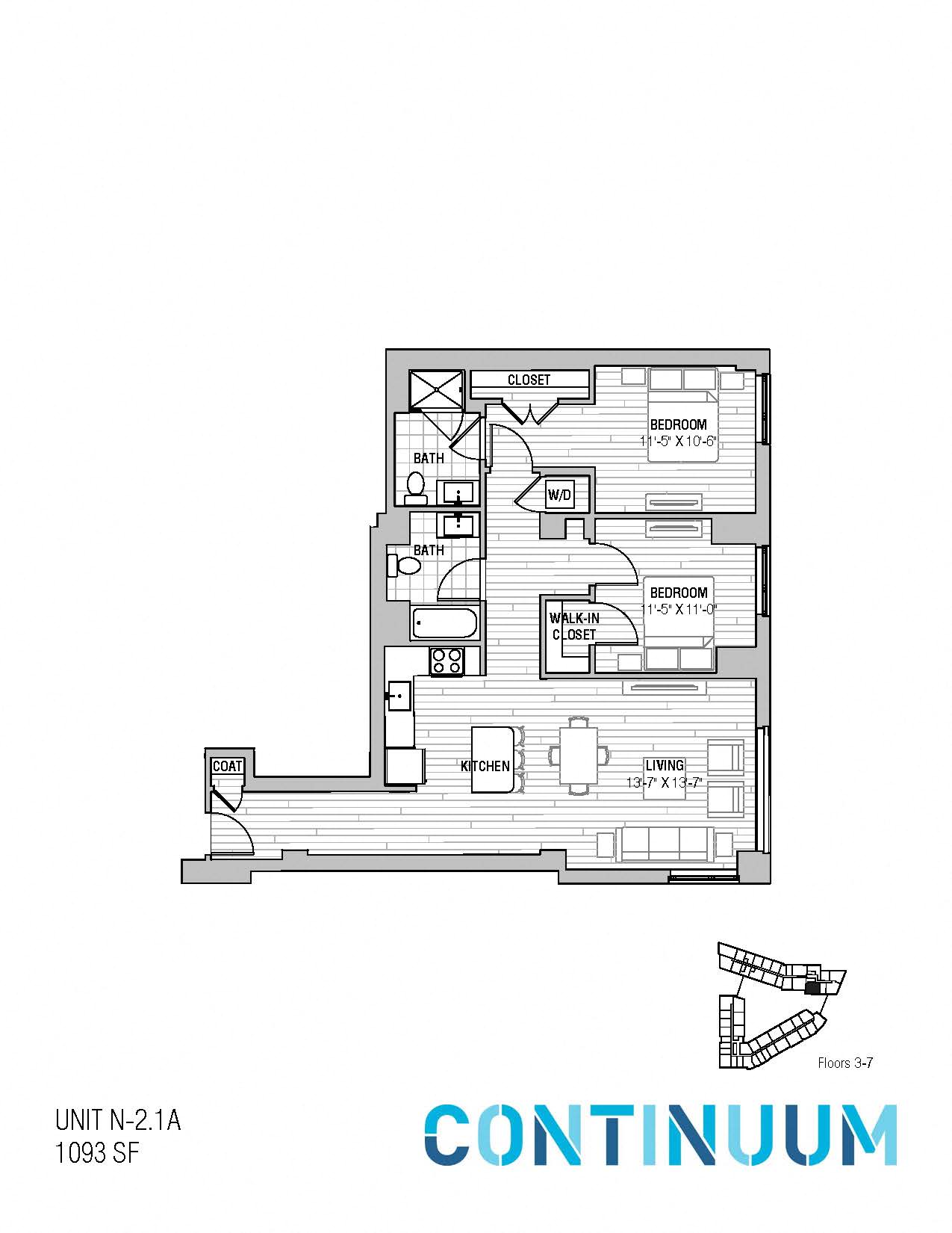 Floor plan for 2 beds, 2 baths, 1093 sqft