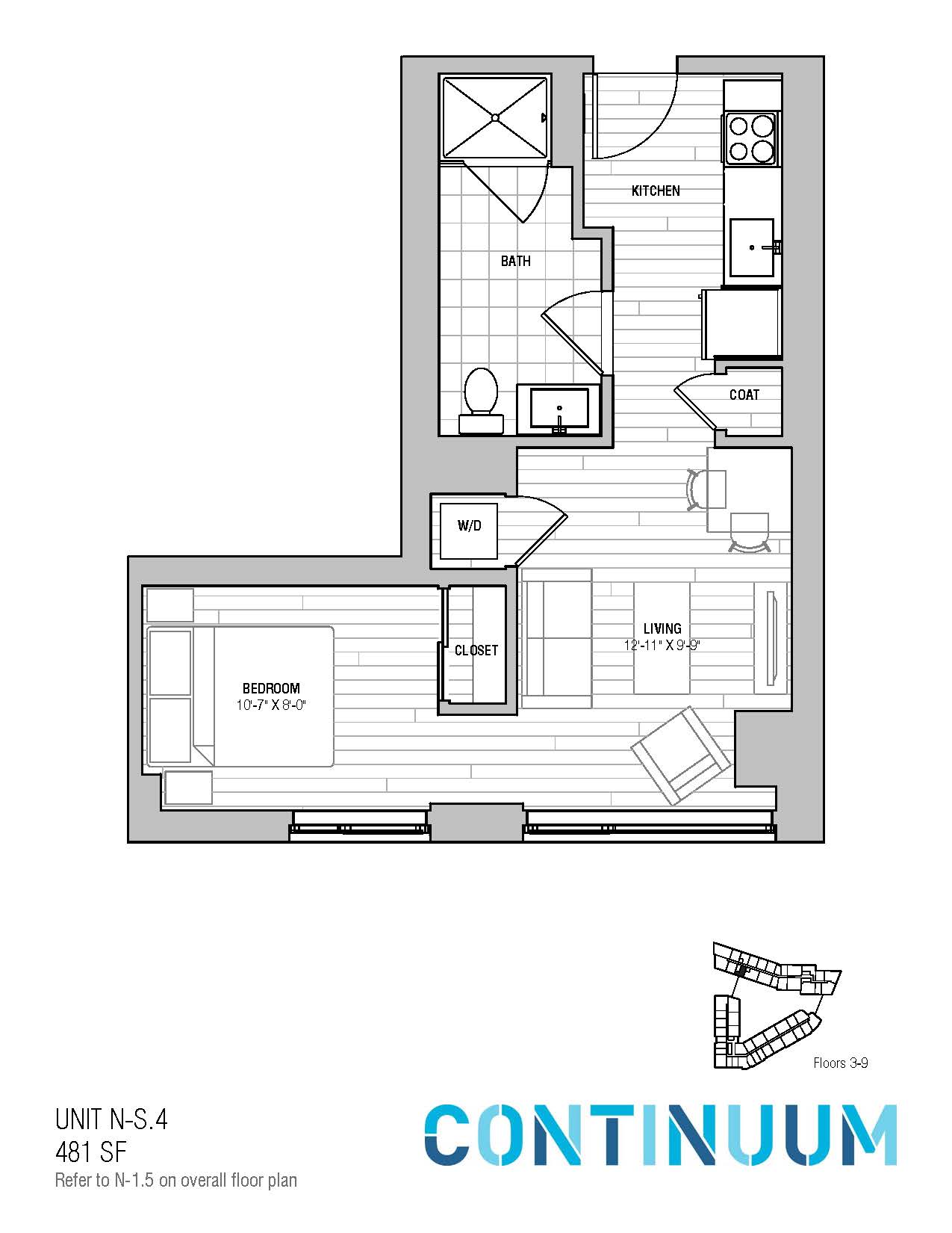 Floor plan for studio, 1 bath, 481 sqft