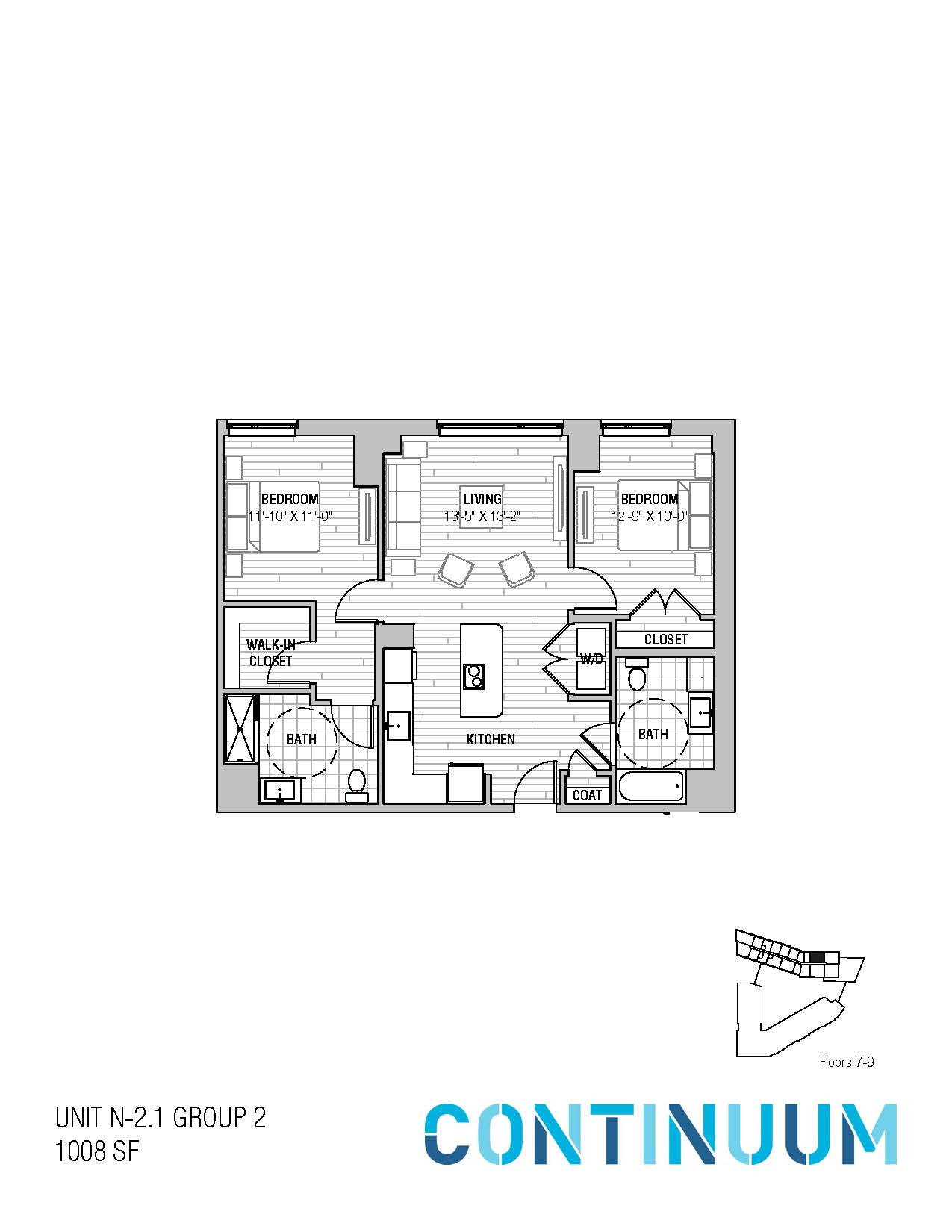 Floor plan for 2 beds, 2 baths, 1008 sqft