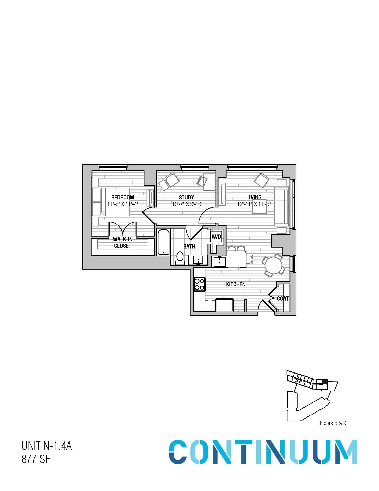 Floor plan for 1 bed, 877 sqft
