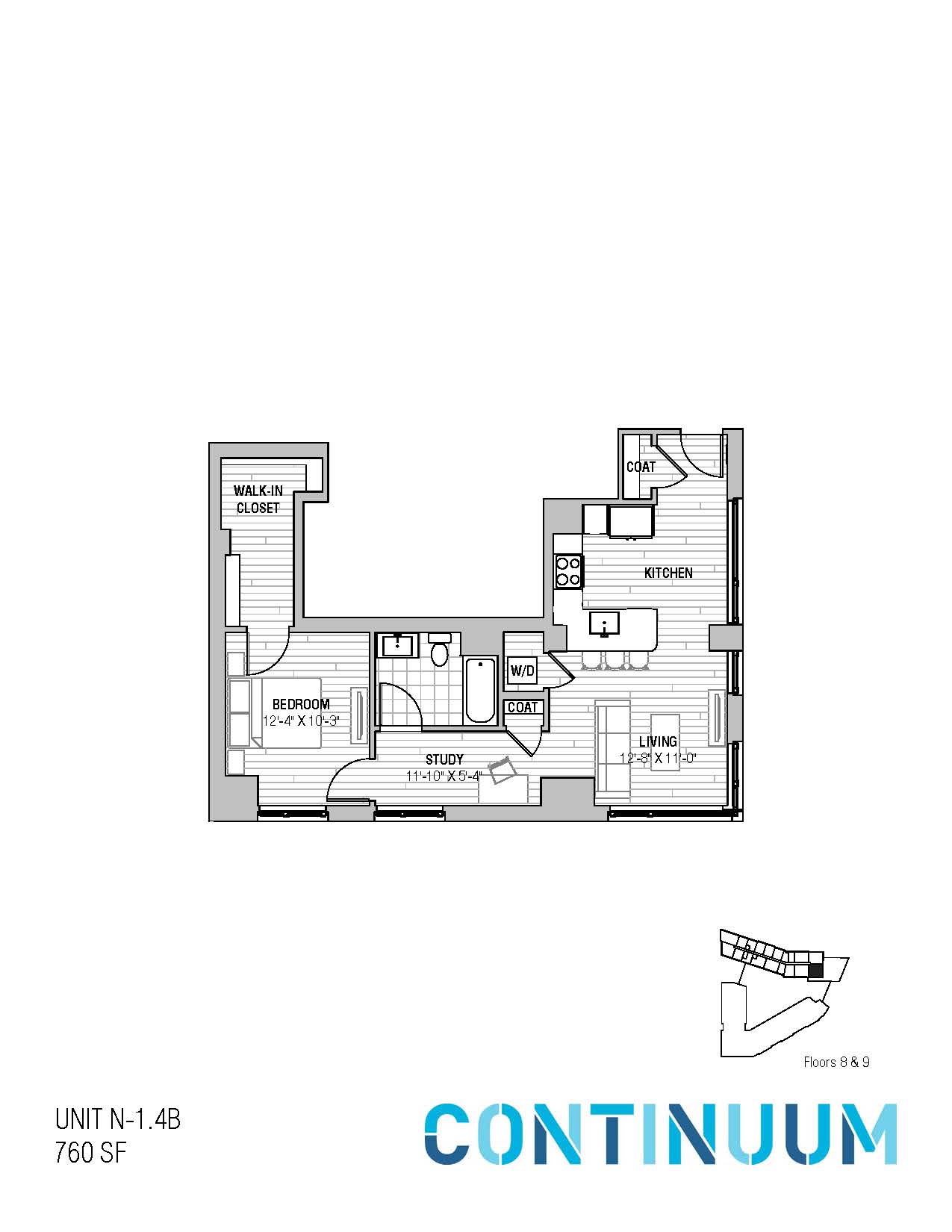 Floor plan for 1 bed, 1 bath, 760 sqft