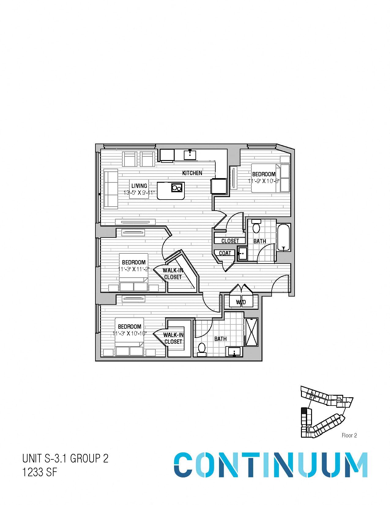 Floor plan for 3 beds, 2 baths, 1233 sqft