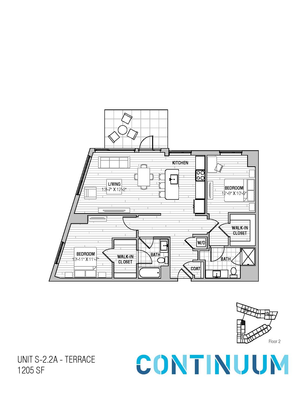 Floor plan for 2 beds, 2 baths