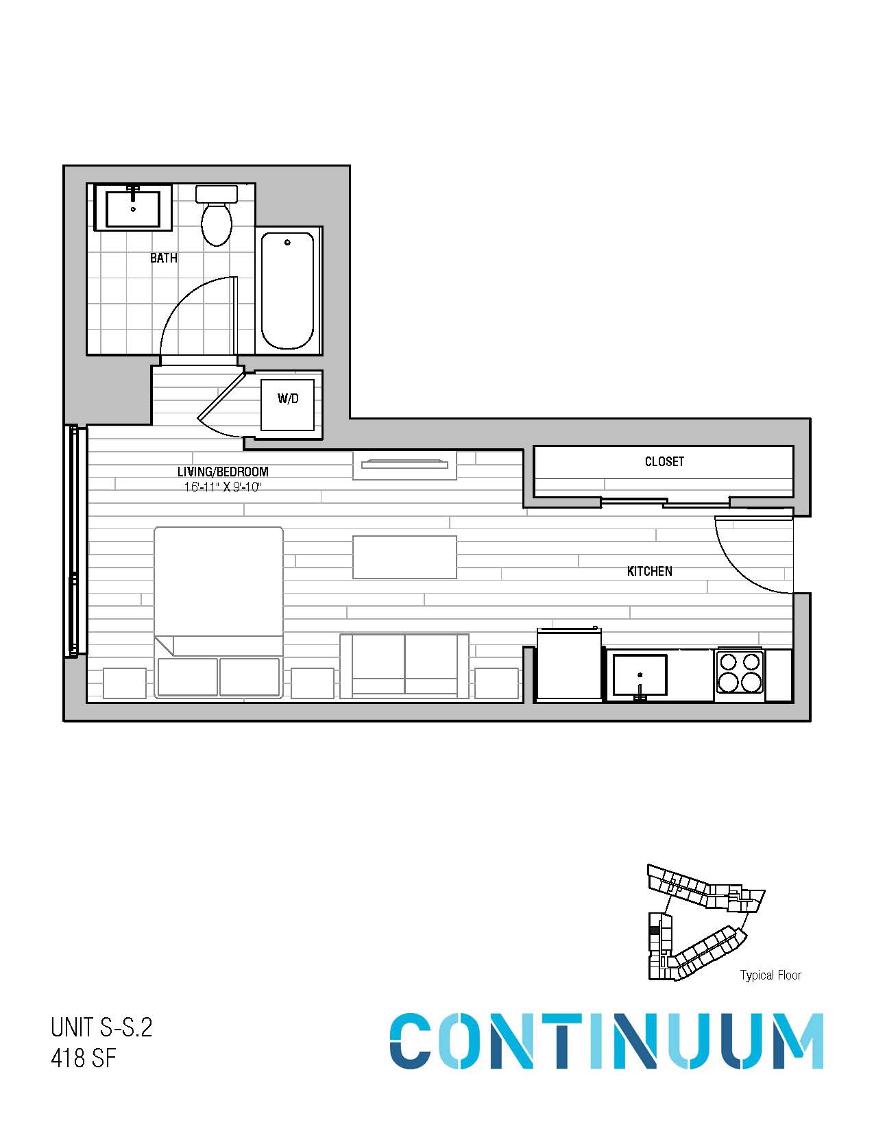 Floor plan for studio, 1 bath, 418 sqft