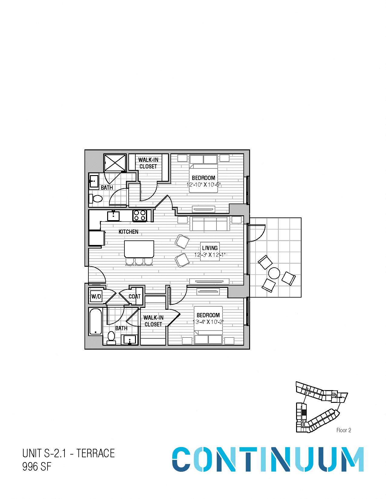 Floor plan for 2 beds, 2 baths, 996 sqft