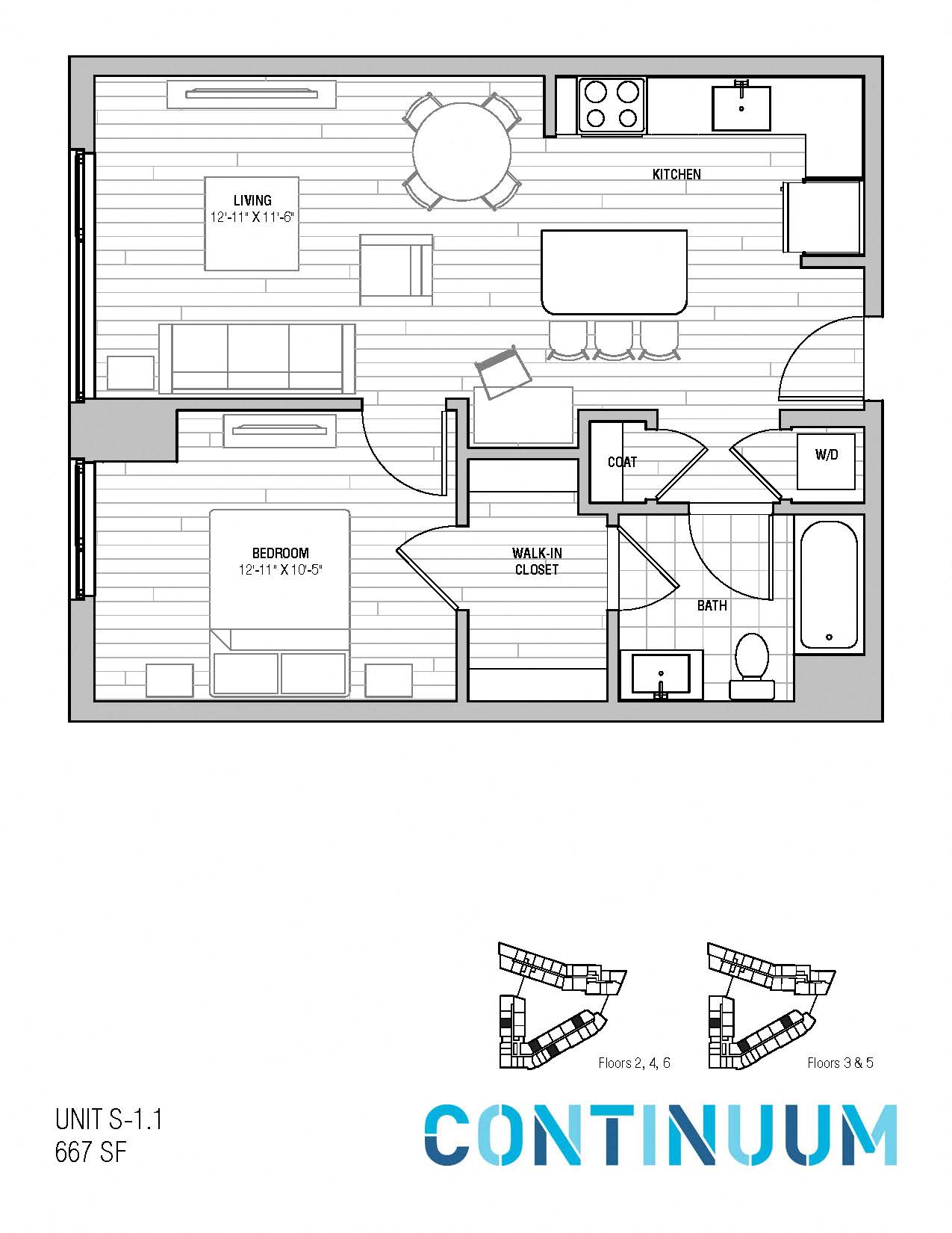 Floor plan for 1 bed, 1 bath, 667 sqft