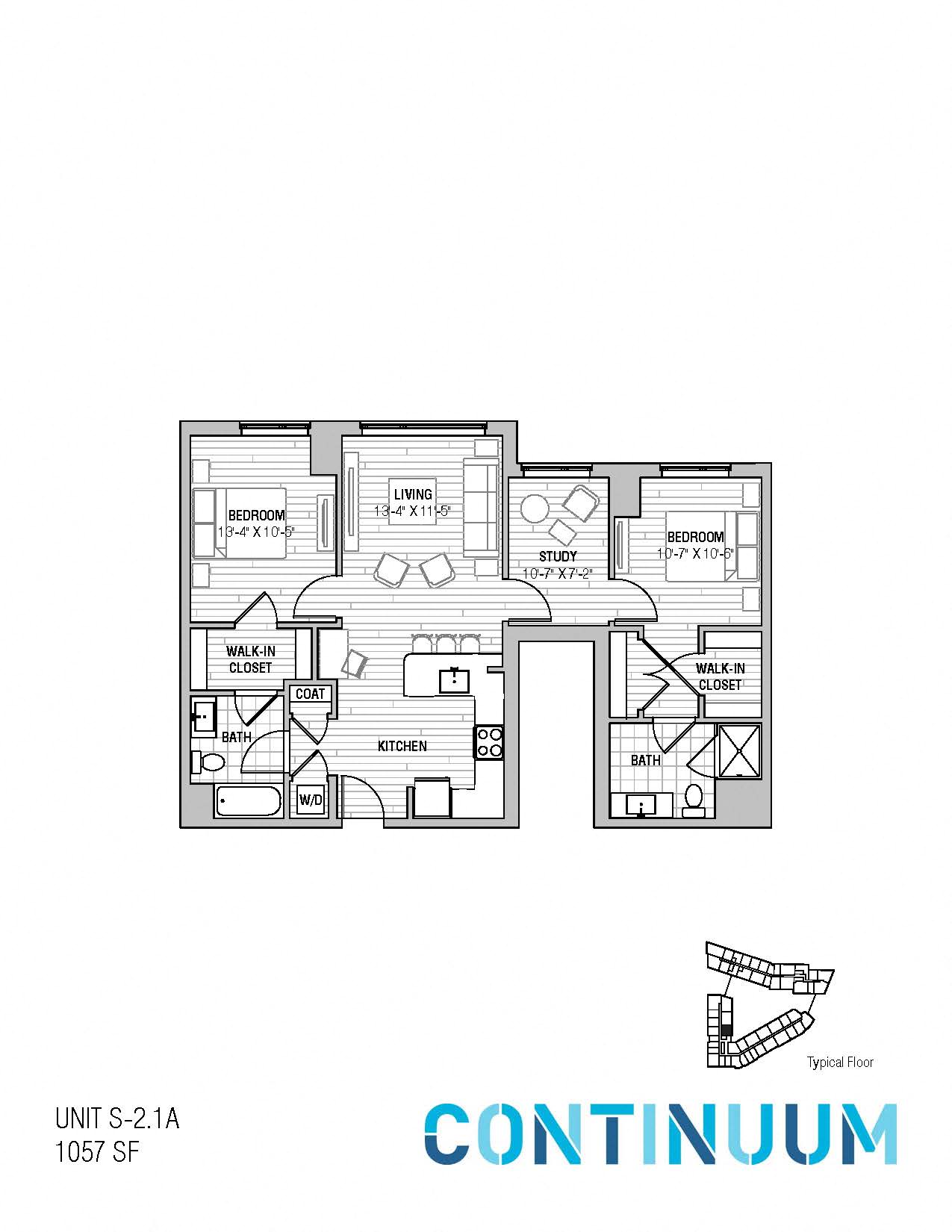 Floor plan for 2 beds, 2 baths, 1057 sqft