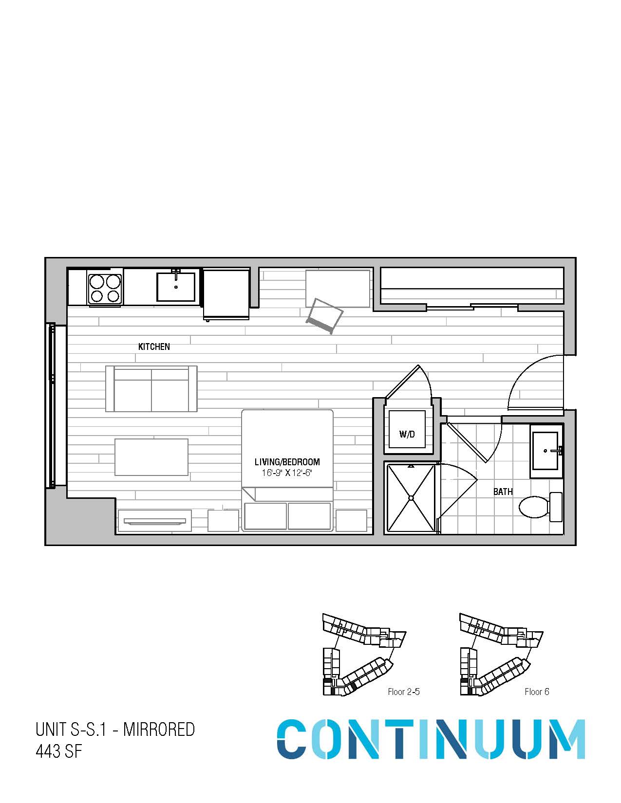 Floor plan for studio, 1 bath, 445 sqft