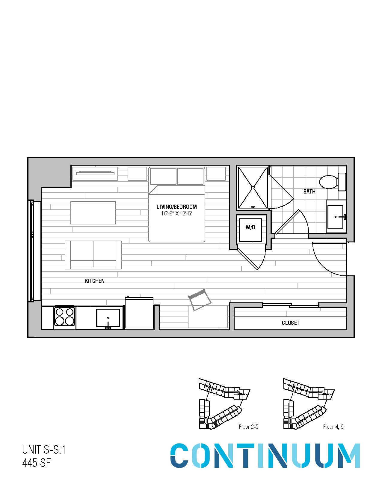 Floor plan for studio, 1 bath, 445 sqft