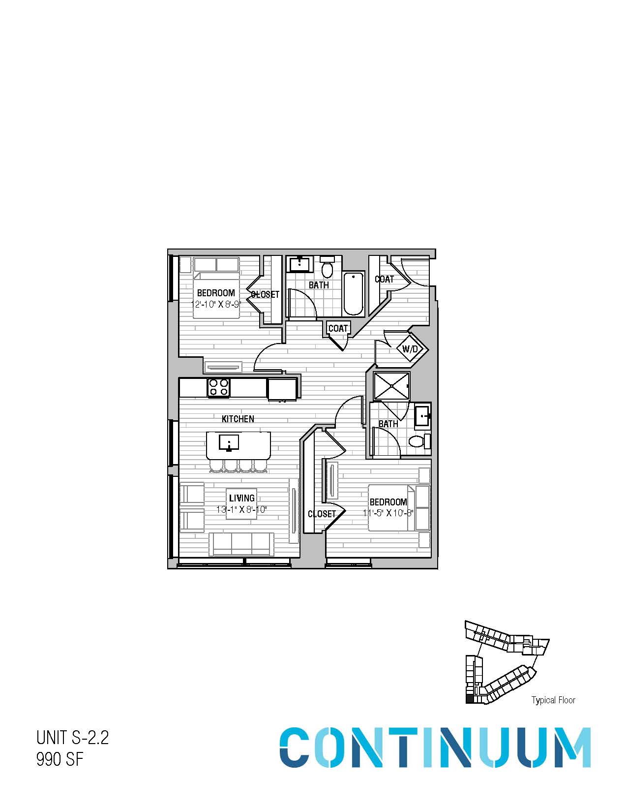 Floor plan for 2 beds, 2 baths, 990 sqft