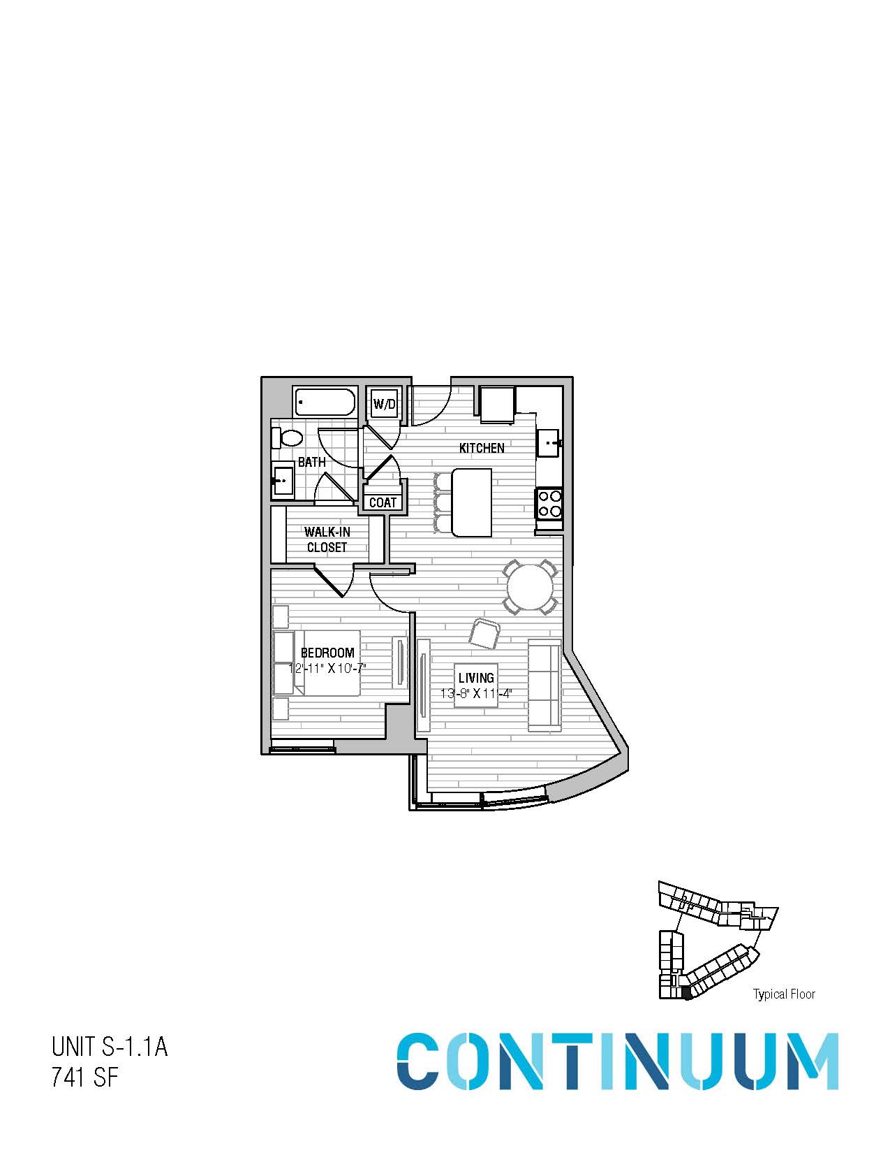Floor plan for 1 bed, 1 bath, 741 sqft