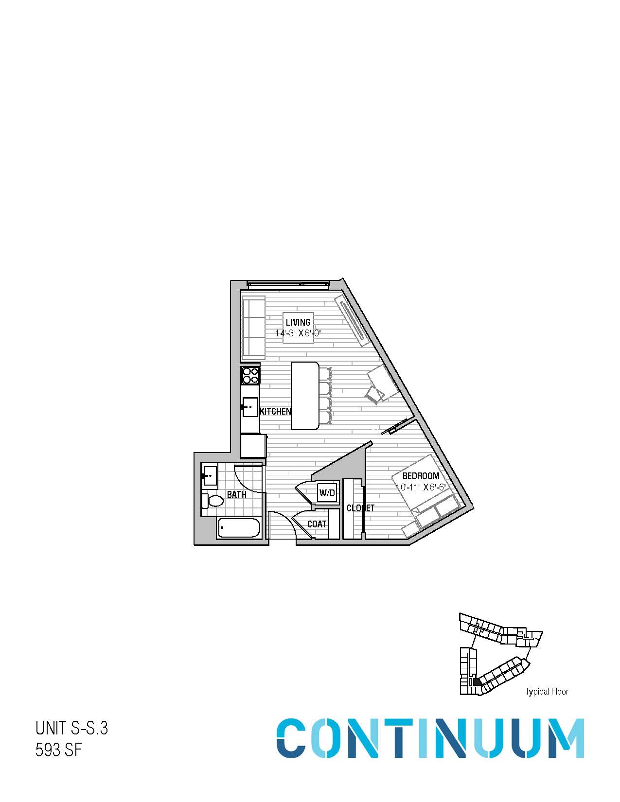 Floor plan for studio, 1 bath, 593 sqft