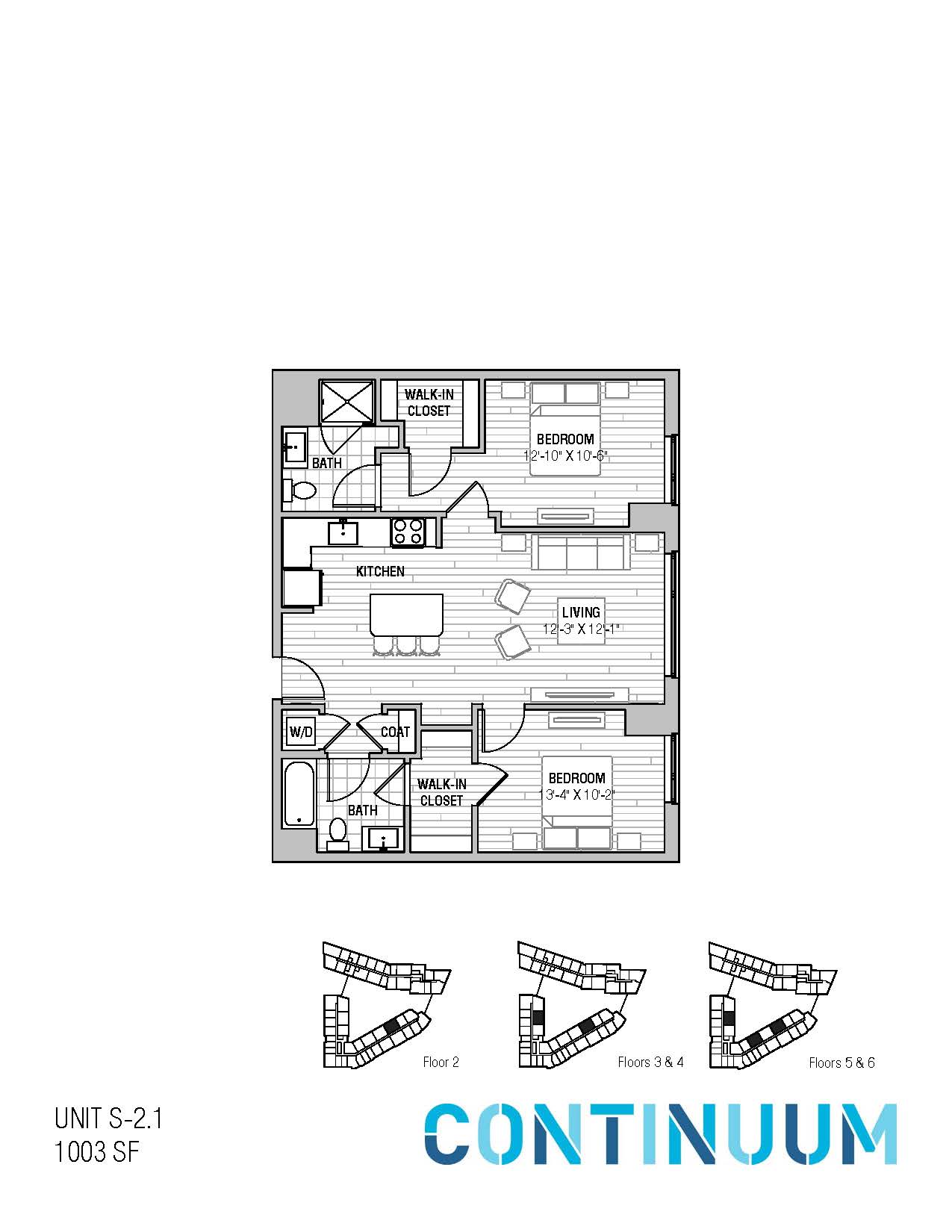 Floor plan for 2 beds, 2 baths, 1003 sqft