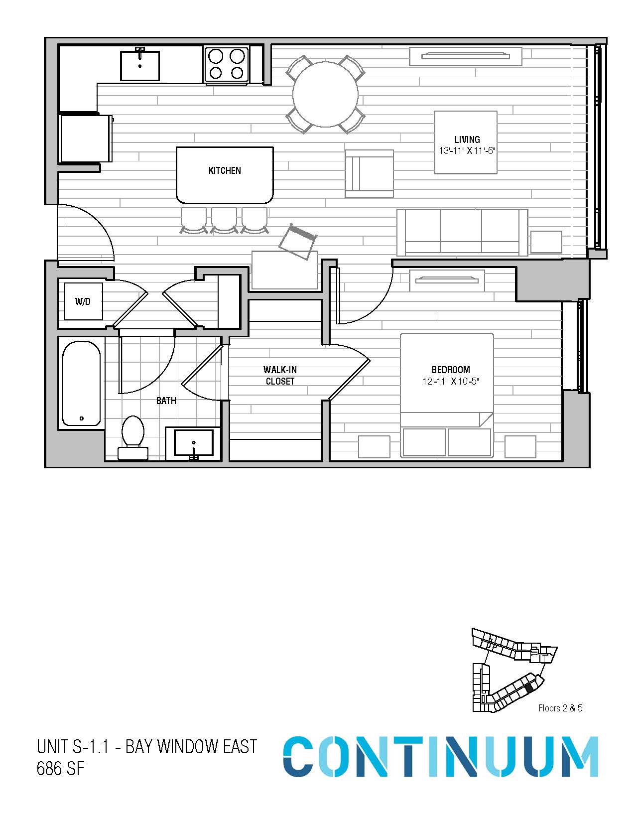 Floor plan for 1 bed, 1 bath, 686 sqft