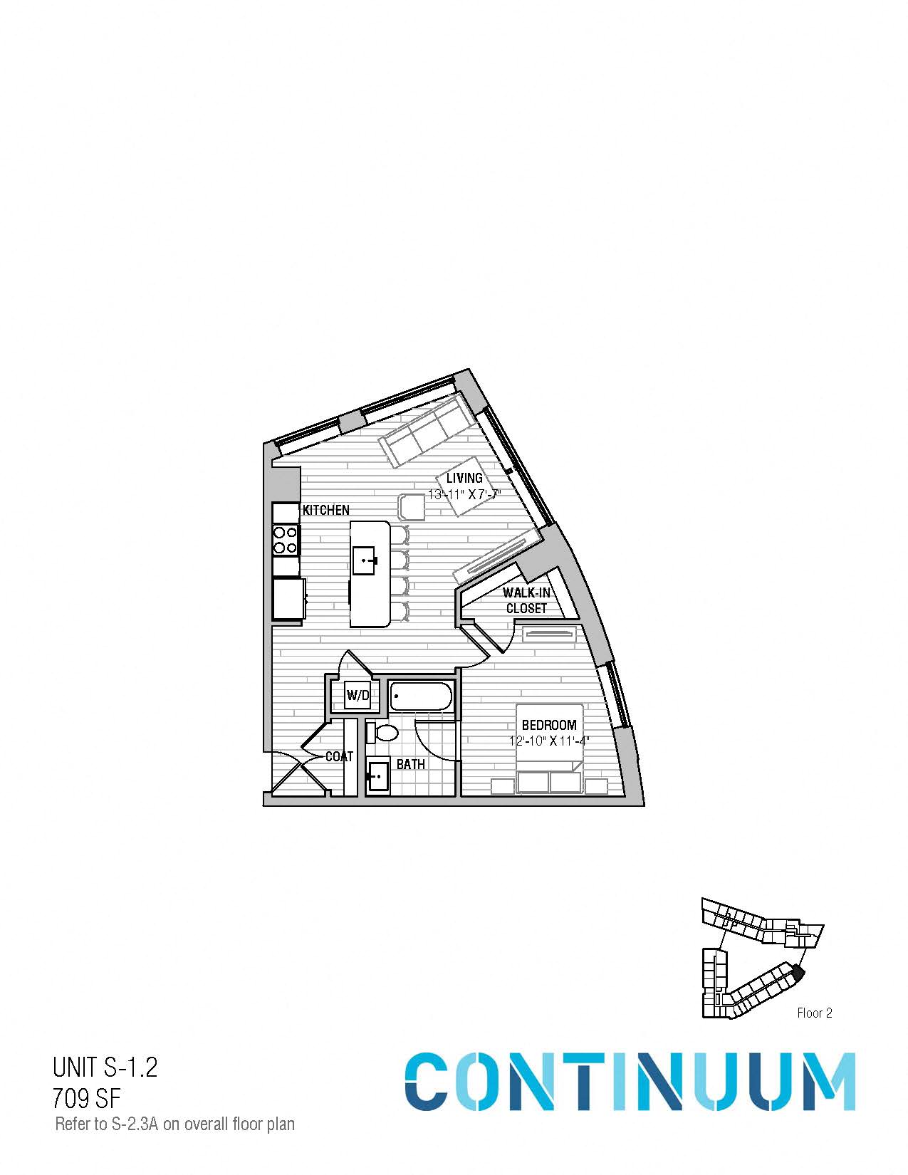 Floor plan for 1 bed, 1 bath, 709 sqft