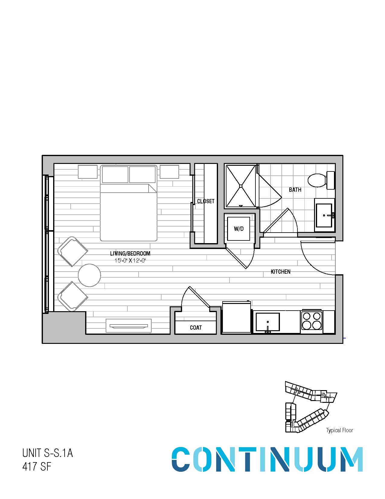 Floor plan for studio, 1 bath, 417 sqft
