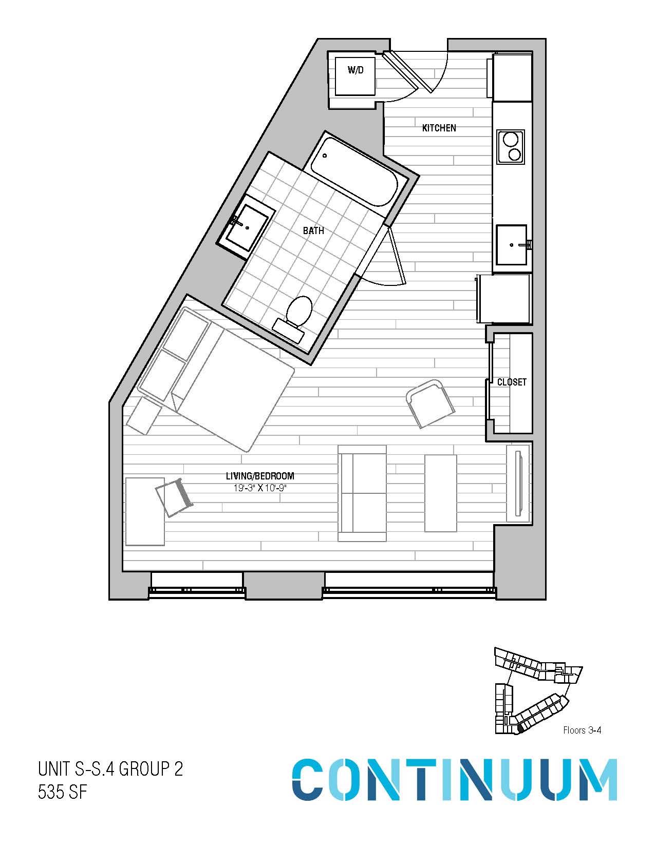 Floor plan for studio, 1 bath, 535 sqft
