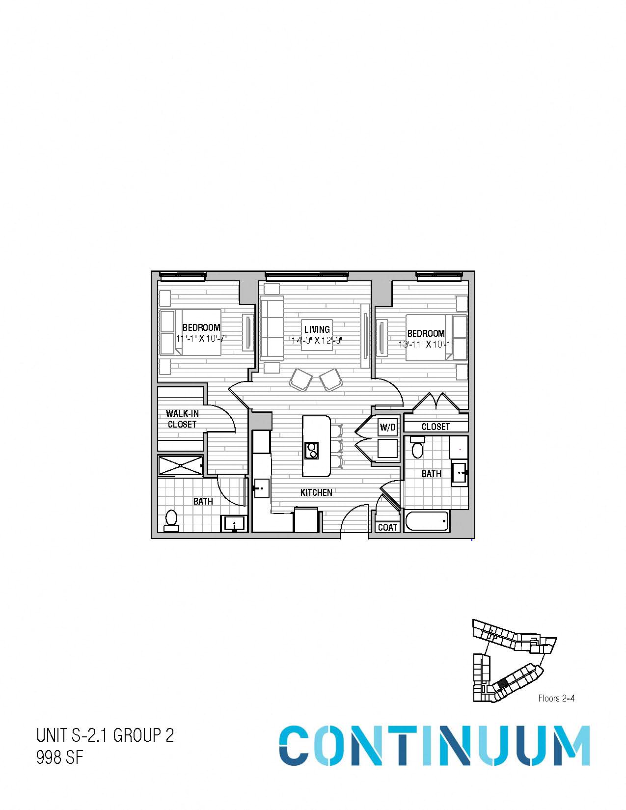 Floor plan for 2 beds, 2 baths, 998 sqft