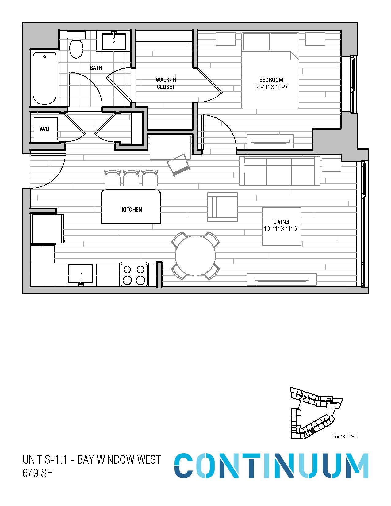 Floor plan for 1 bed, 1 bath