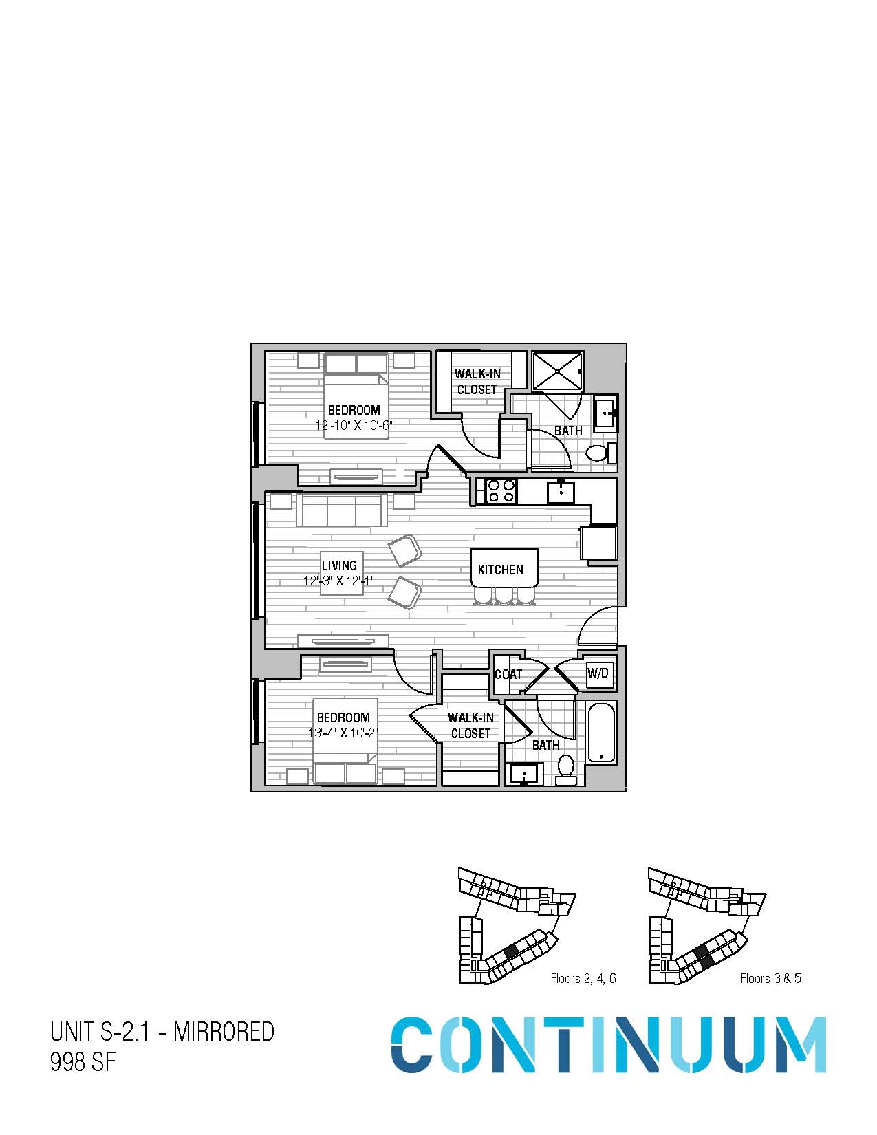 Floor plan for 2 beds, 2 baths, 1003 sqft