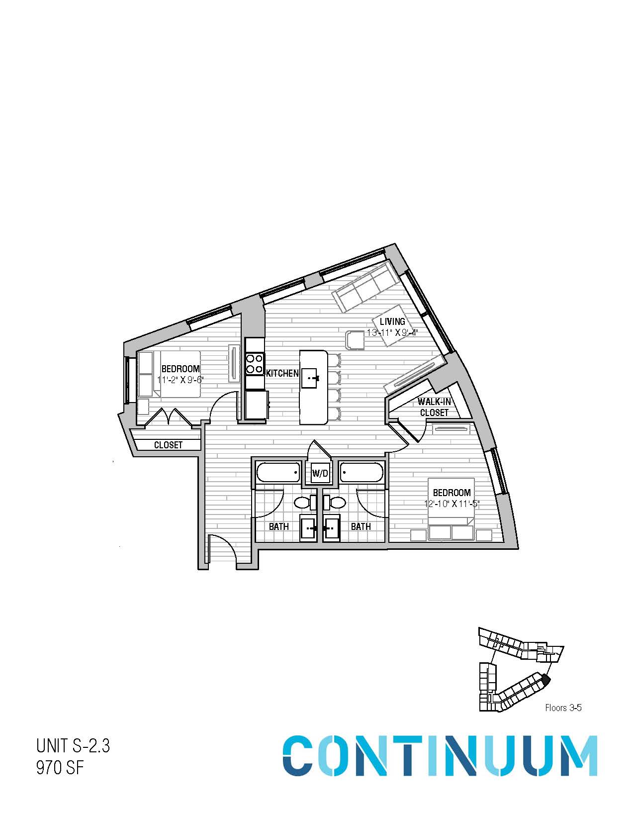 Floor plan for 2 beds, 2 baths, 970 sqft