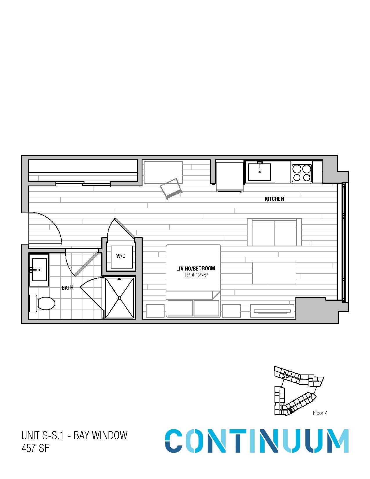 Floor plan for studio, 1 bath, 457 sqft