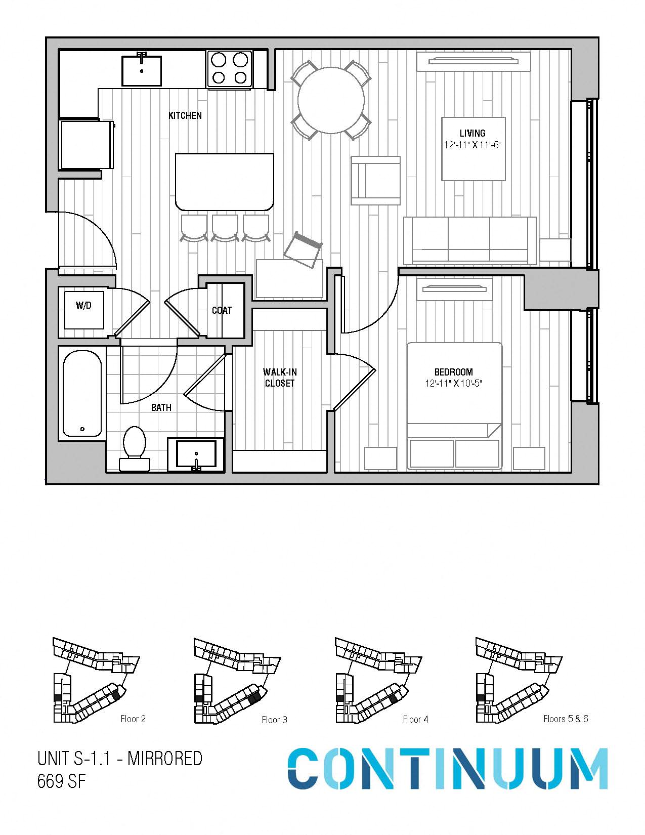 Floor plan for 1 bed, 1 bath, 669 sqft