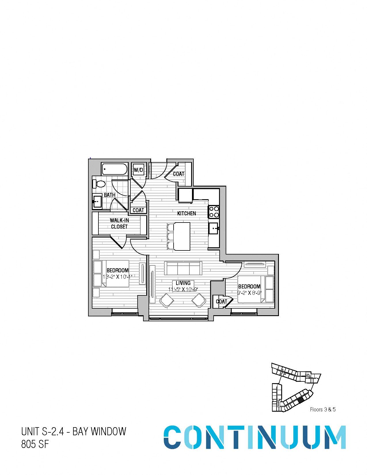 Floor plan for 2 beds, 1 bath, 805 sqft