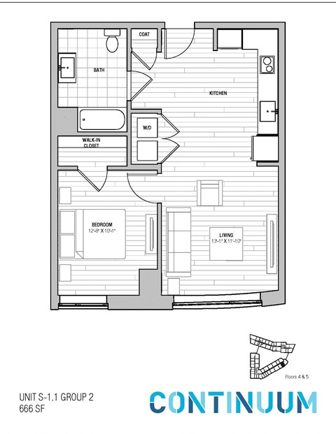 Floor plan for 1 bed, 1 bath, 642 sqft